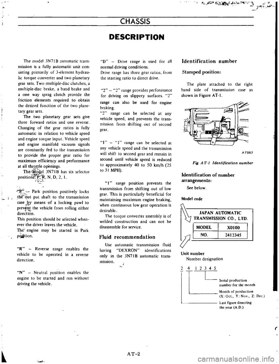 DATSUN B110 1973  Service Repair Manual 
The 
model 
3N71 
B

automatic 
trans

mission 
is 
a

fully 
automatic 
unit 
con

sisting

primarily 
of 
element

hydrau

lic

torque 
converter 
and 
two

planetary

gear 
sets 
Two

multiple 
di