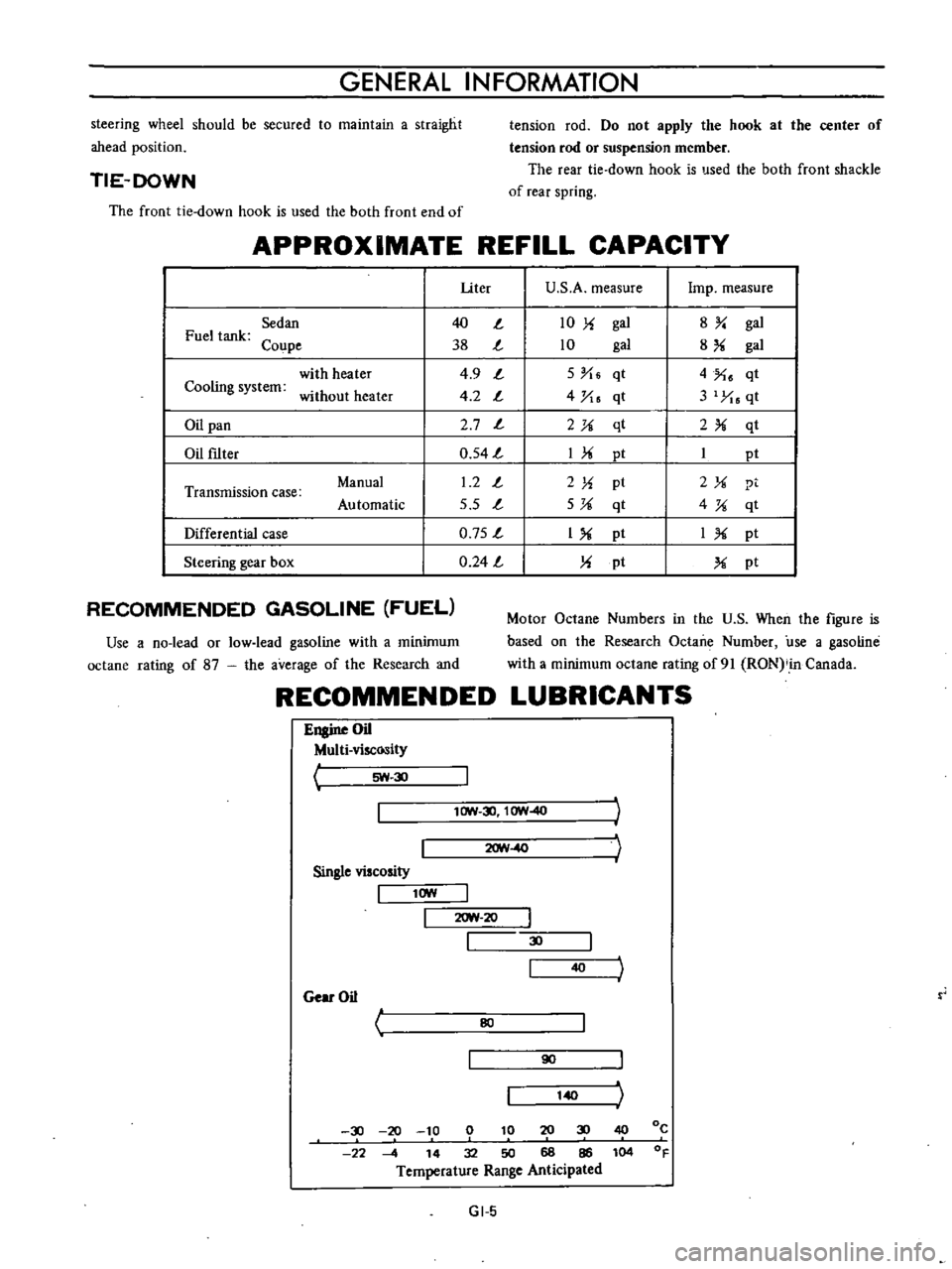 DATSUN B110 1973  Service Repair Manual 
GENERAL 
INFORMATION

steering 
wheel

should 
be 
secured 
to 
maintain 
a

straight

ahead

position

TIE 
DOWN

The

front 
tie 
down 
hook 
is

used 
the

both 
front 
end 
of 
tension 
rod 
Do 
