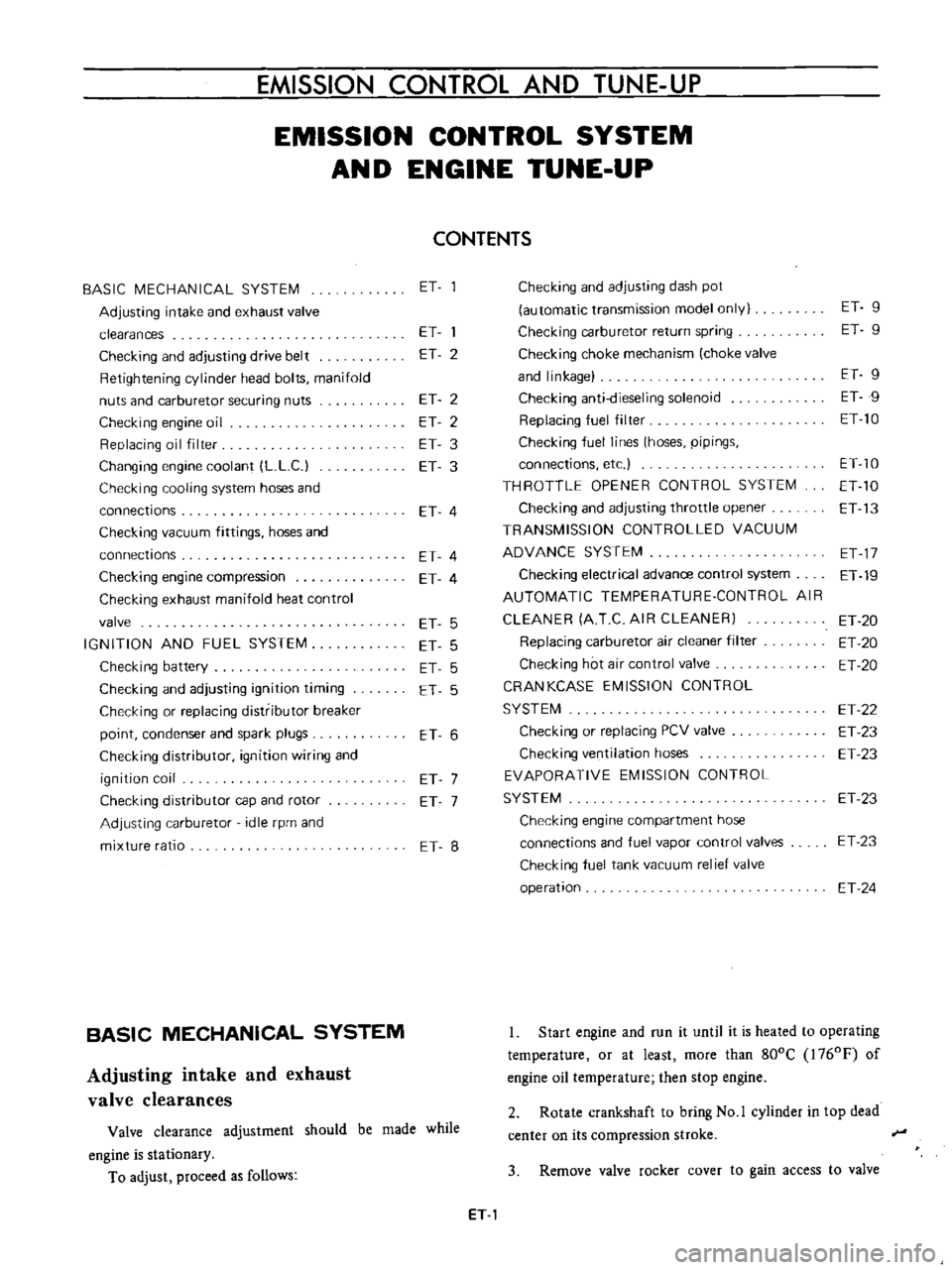 DATSUN B110 1973  Service Repair Manual 
EMISSION 
CONTROL 
AND 
TUNE 
UP

EMISSION 
CONTROL 
SYSTEM

AN 
D

ENGINE 
TUNE 
UP

CONTENTS

BASIC 
MECHANICAL 
SYSTEM 
ET

Checking 
and

adjusting 
dash

pot

Adjusting 
intake 
and 
exhaust 
va
