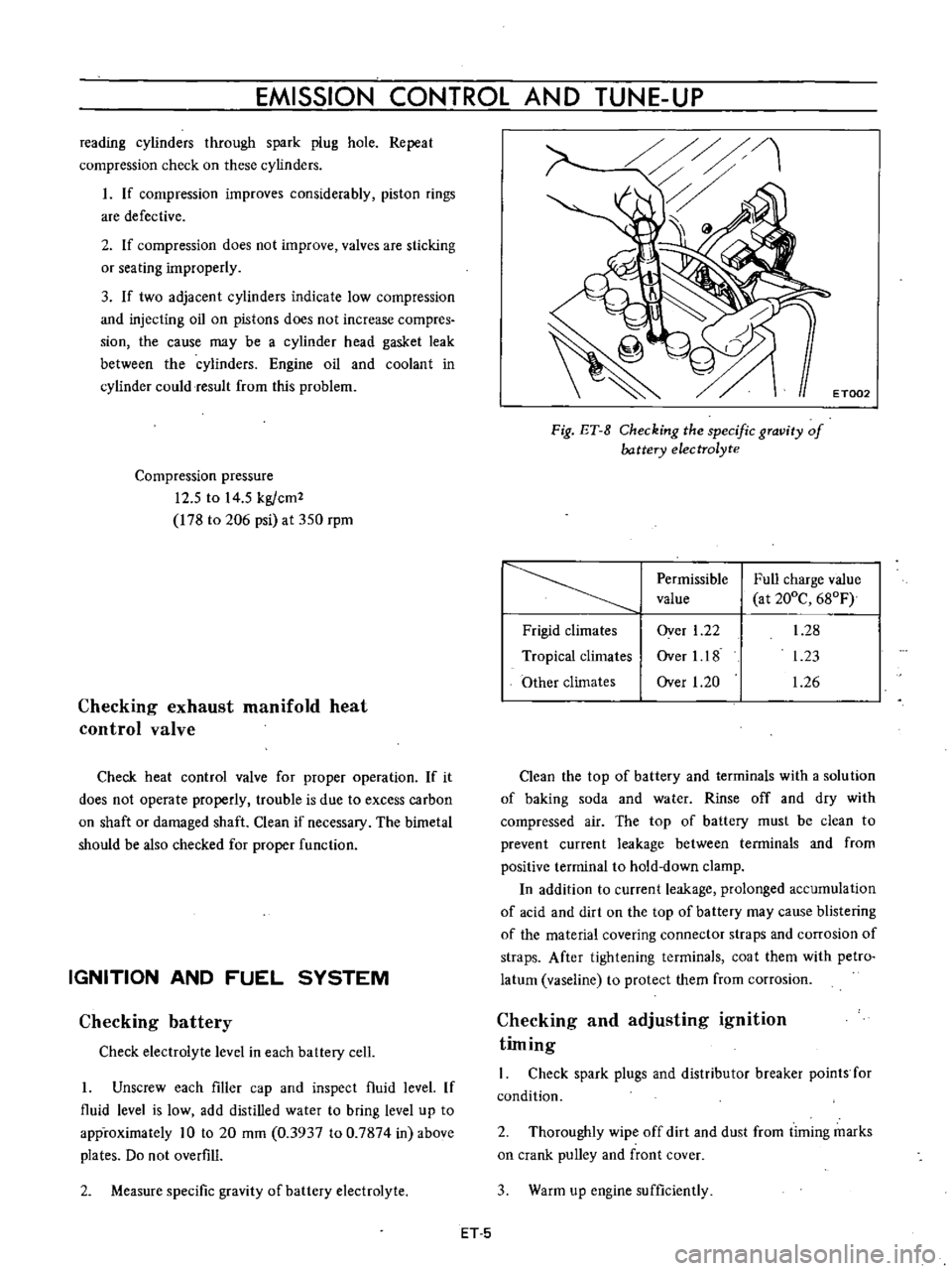 DATSUN B110 1973  Service Repair Manual 
EMISSION 
CONTROL 
AND

TUNE 
UP

reading 
cylinders 
through 
spark 
plug 
hole

Repeat

compression 
check 
on 
these

cylinders

1

If

compression 
improves 
considerably

piston 
rings

are 
def