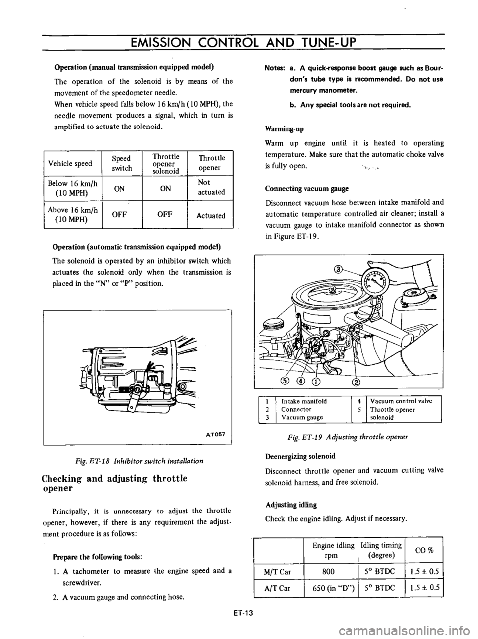 DATSUN B110 1973  Service Repair Manual 
EMISSION 
CONTROL 
AND

TUNE 
UP

Operation 
manual 
transmission

equipped 
model

The

operation 
of 
the 
solenoid 
is

by 
means 
of 
the

movement 
of

the

speedometer 
needle

When 
vehicle

s