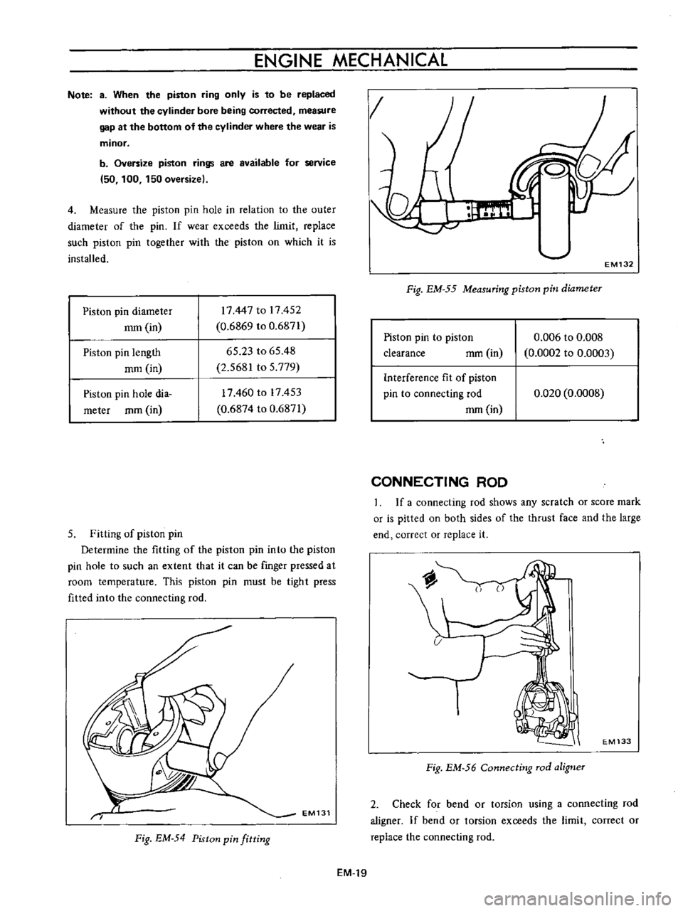DATSUN B110 1973  Service Repair Manual 
ENGINE 
MECHANICAL

Note 
8 
When 
the

piston 
ring 
only 
is 
to 
be

replaced

without 
the

cylinder 
bore

being 
corrected 
measure

gap 
at 
the 
bottom 
of 
the

cylinder 
where 
the 
wear 
i