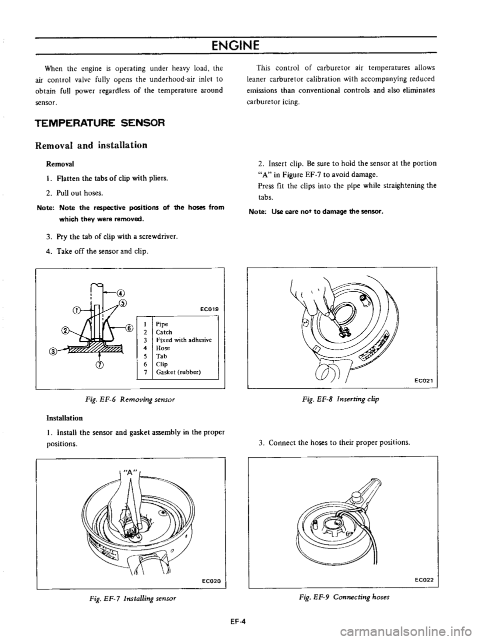 DATSUN B110 1973  Service Repair Manual 
ENGINE

When 
the

engine 
is

operating 
under

heavy 
load 
the

air 
control 
valve

fully 
opens 
the 
underhood 
air

inlet 
to

obtain 
full

power 
regardless 
of 
the

temperature 
around

se