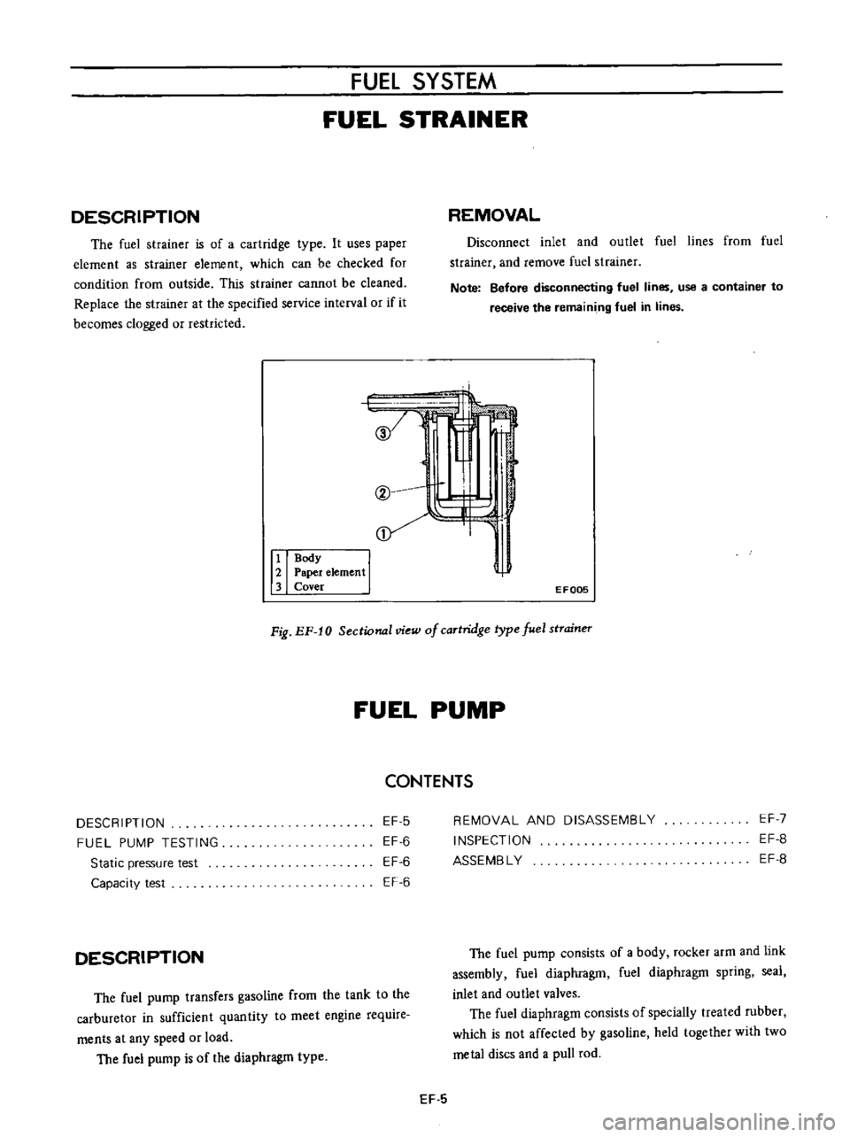 DATSUN B110 1973  Service Repair Manual 
FUEl 
SYSTEM

FUEL 
STRAINER

DESCRIPTION

The

fuel 
strainer 
is 
of 
a

cartridge 
type 
It

uses

paper

element 
as 
strainer 
element 
which 
can 
be

checked 
for

condition

from 
outside 
Th