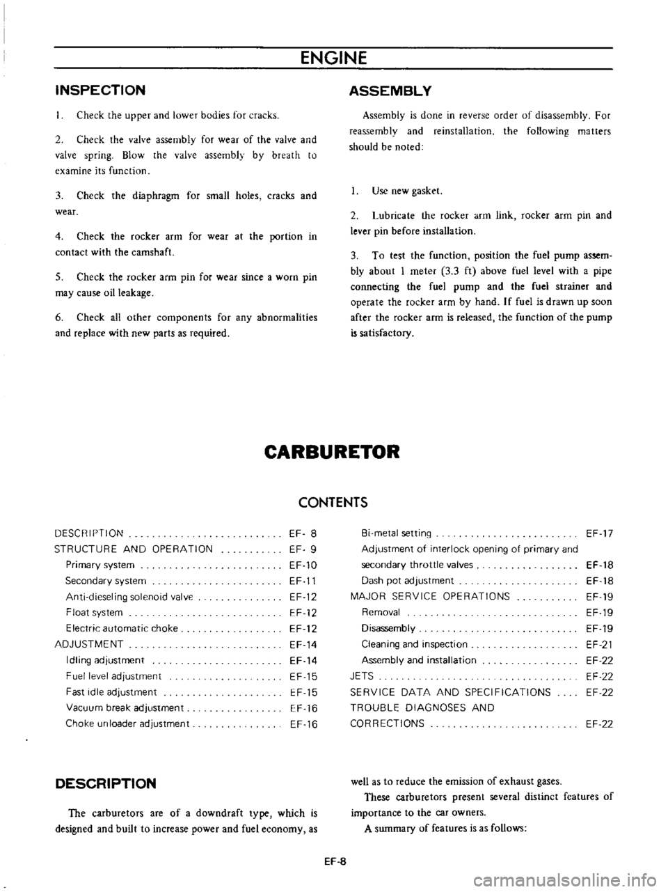 DATSUN B110 1973  Service Repair Manual 
ENGINE

INSPECTION

Check

the

upper 
and 
lower 
bodies 
for 
cracks

2

Check 
the 
valve

assembly 
for

wear 
of 
the 
valve 
and

valve

spring 
Blow 
the 
valve

assembly 
by 
breath 
to

exam