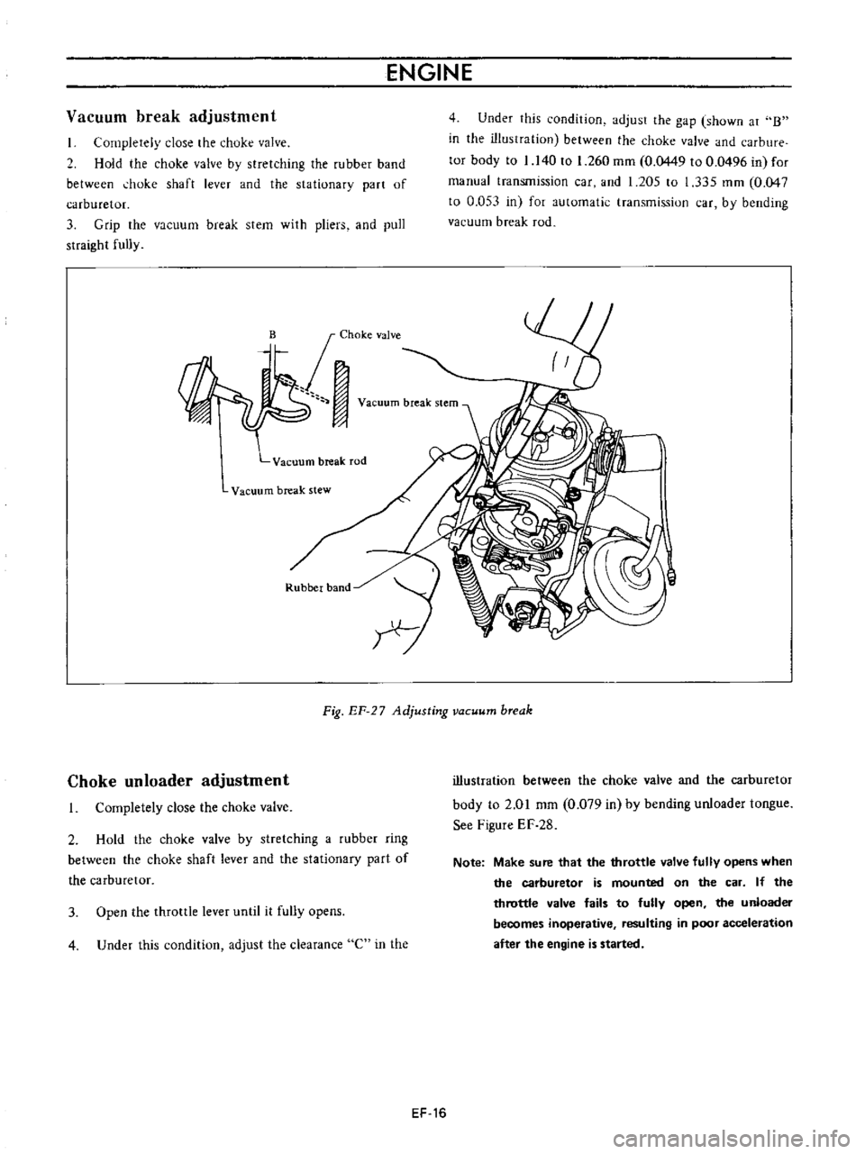 DATSUN B110 1973  Service Repair Manual 
ENGINE

Vacuum 
break

adjustment

I

Completely 
close 
the 
chuke 
valve

2 
Hold 
the 
choke 
valve

by 
stretching 
the 
rubber 
band

between 
hoke

shaft 
lever 
and 
the 
sta

tionary

part 
o