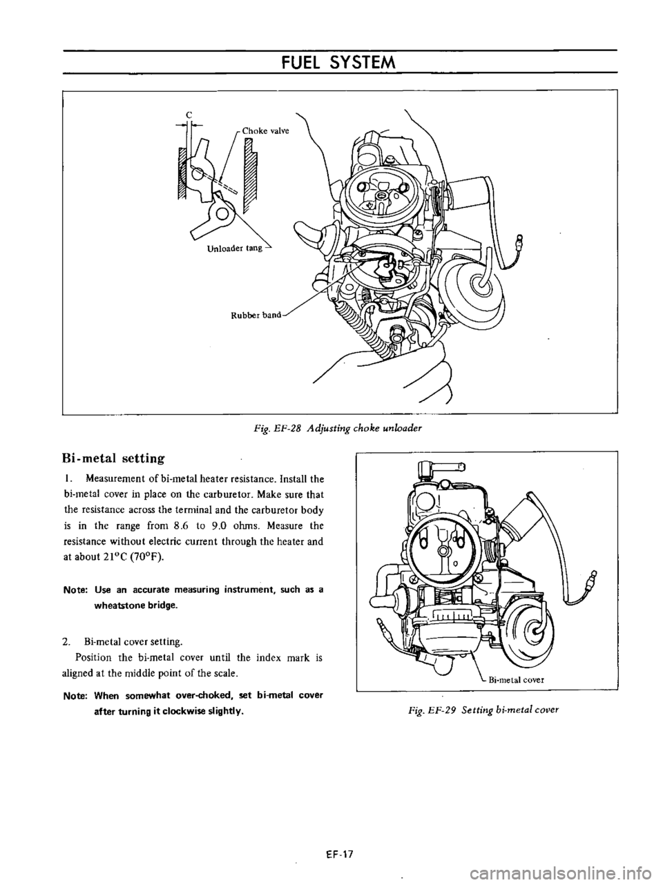 DATSUN B110 1973  Service Repair Manual 
FUEL 
SYSTEM

c

Oke 
valve

1

Or

Rubber 
band

Fig 
EF 
2B

Adjusting 
choke 
unloadeT

Hi 
metal

setting

Measurement 
of 
bi 
metal 
heater

resistance 
Install 
the

bi 
metal 
cover 
in

plac