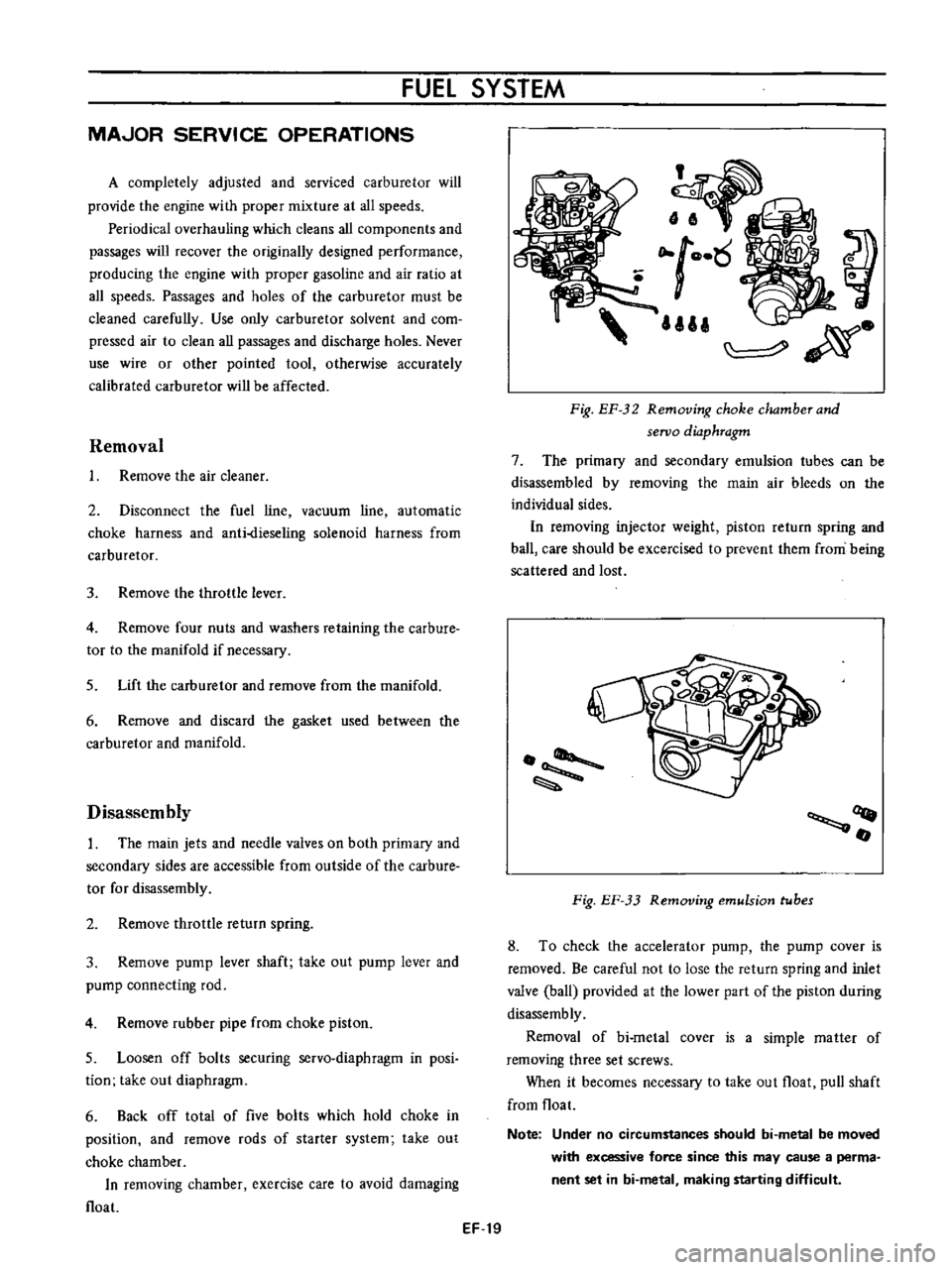 DATSUN B110 1973  Service Repair Manual 
FUEl

SYSTEM

MA
JOR 
SERVICE 
OPERATIONS

A

completely 
adjusted 
and 
serviced 
carburetor 
will

provide 
the

engine 
with

proper 
mixture

at 
all

speeds

Periodical

overhauling 
which 
clea