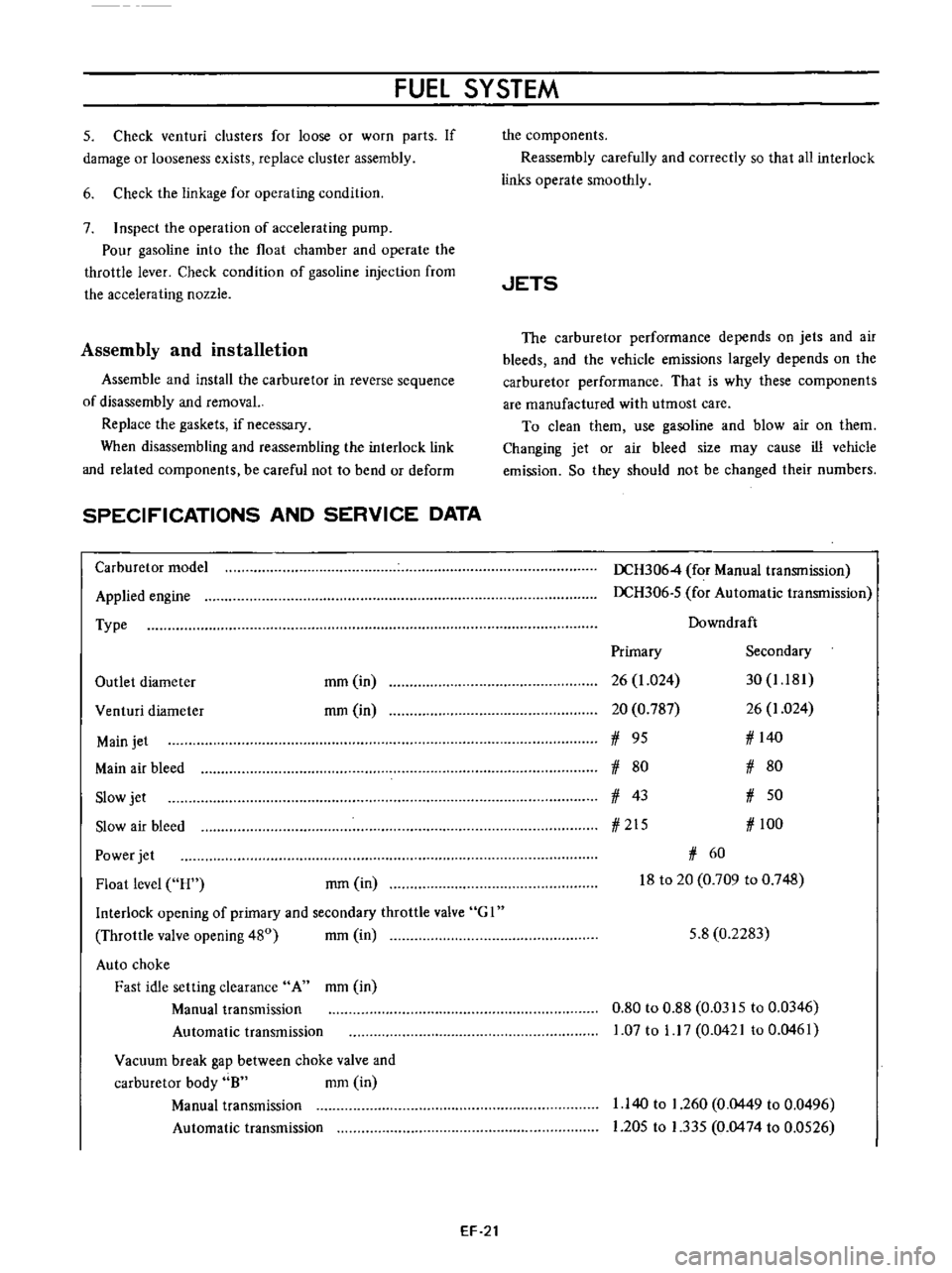 DATSUN B110 1973  Service Repair Manual 
FUEL 
SYSTEM

5 
Check 
venturi 
clusters

for 
loose 
or 
worn

parts 
If

damage 
or 
looseness 
exists

replace 
cluster

assembly

6 
Check 
the

linkage 
for

operating 
condition

7

Inspect 
t