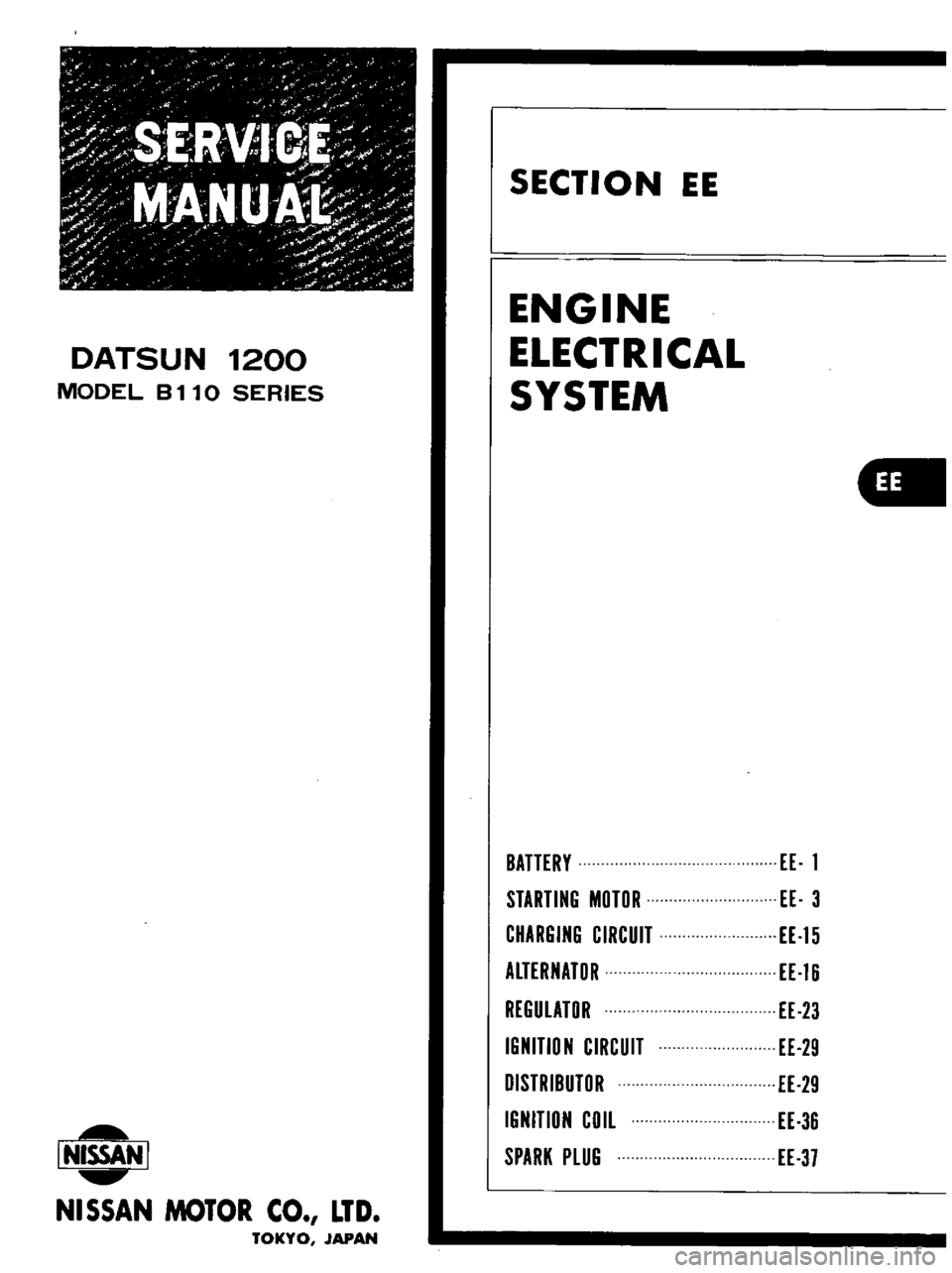 DATSUN B110 1973  Service Repair Manual 
DATSUN

1200

MODEL 
B 
11

0 
SERIES

L 
NISSAN

I

NISSAN 
MOTOR 
CO

LTD

TOKYO 
JAPAN 
SECTION

EE

ENGINE

ELECTRICAL

SYSTEM

BATTERY

STARTING 
MOTOR

CHARGING

CIRCUIT

ALTERNATOR

REGULATOR
