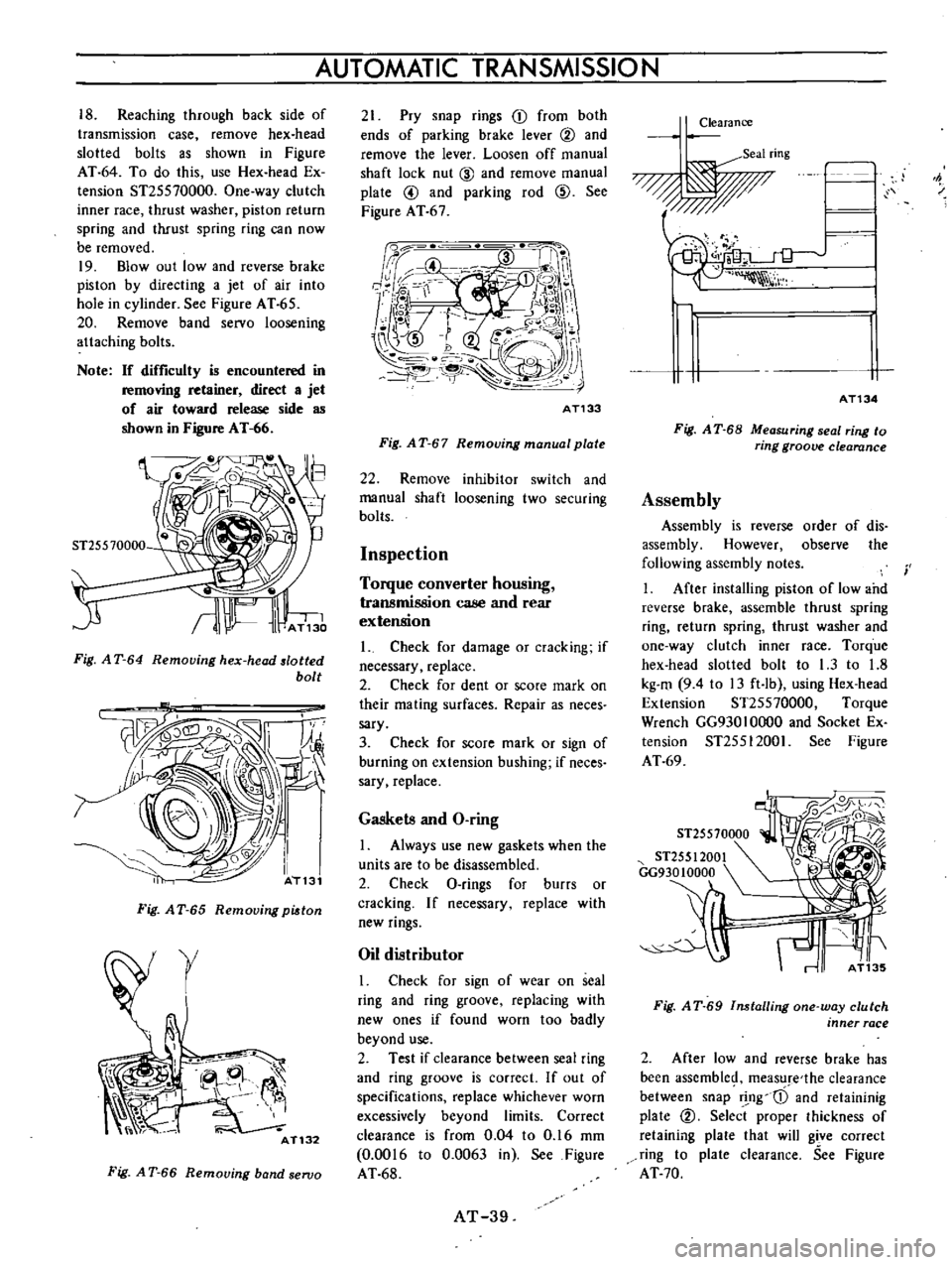 DATSUN B110 1973  Service Service Manual 
18

Reaching 
through 
back 
side 
of

transmission

case 
remove 
hex 
head

slotted 
bolts 
as 
shown

in

Figure

AT 
64 
To

do 
this 
use 
Hex

head 
Ex

tension

ST25570000 
One

way 
clutch

i