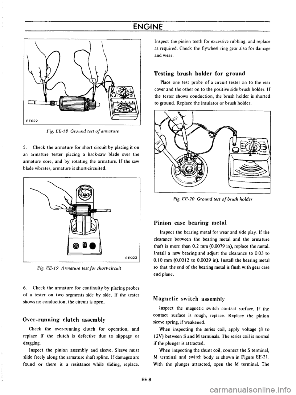 DATSUN B110 1973  Service Repair Manual 
ENGINE

EE022

Fig 
EE 
18

Ground 
test

of 
armature

5 
Check 
the

armature 
for 
short 
circuit

by 
placing 
it

on

an 
armature 
tester

placing 
a 
hack

saw 
blade 
over 
the

armature 
cor