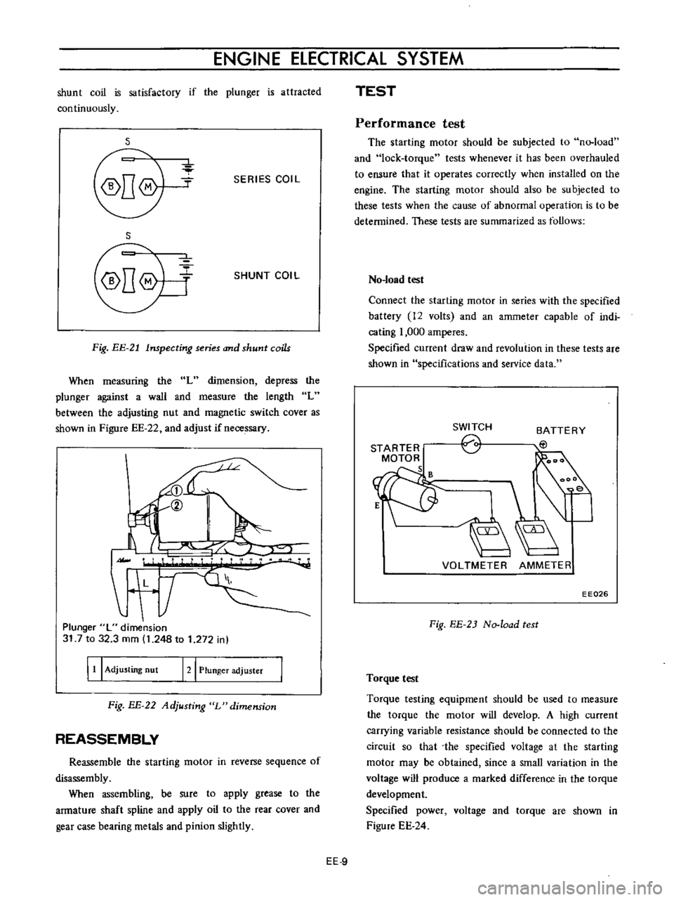 DATSUN B110 1973  Service Repair Manual 
ENGINE 
ElECTRICAL 
SYSTEM

shunt 
coil 
is

satisfactory 
if 
the

plunger 
is 
attracted

continuously

s

SERIES 
COIL

S

SHUNT 
COIL

Fig 
EE 
21

Inspecting 
series 
and 
shunt 
coils

When

me