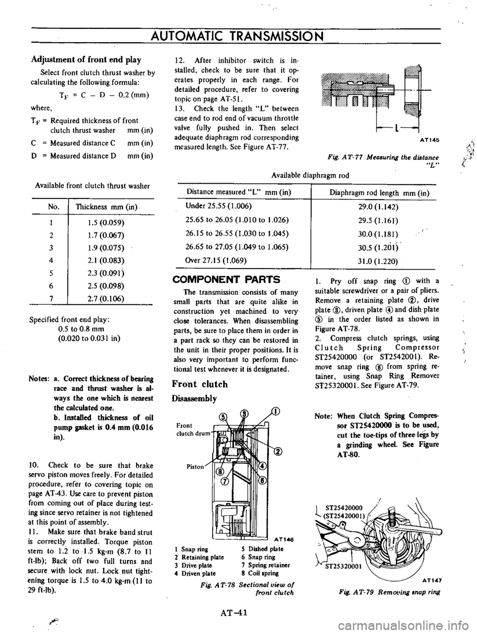 DATSUN B110 1973  Service Repair Manual 
Adjustment 
of 
front 
end

play

Select 
front 
clutch 
thrust 
washer

by

calculating 
the

following 
formula

TF 
C 
D 
0
2 
mm

where

T

F 
Required 
thickness 
of 
front

clutch 
thrust

wash