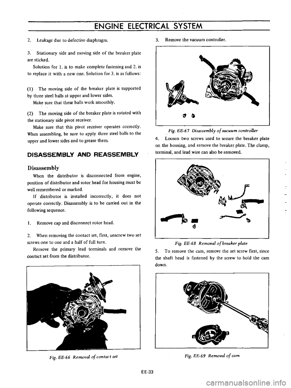 DATSUN B110 1973  Service Repair Manual 
ENGINE 
ElECTRICAL 
SYSTEM

2

Leakage 
due 
to 
defective

diaphragm

3

Stationary 
side

and

moving 
side 
of 
the

breaker

plate

are

sticked

Solution 
for 
1 
is

to 
make

complete 
fasteni