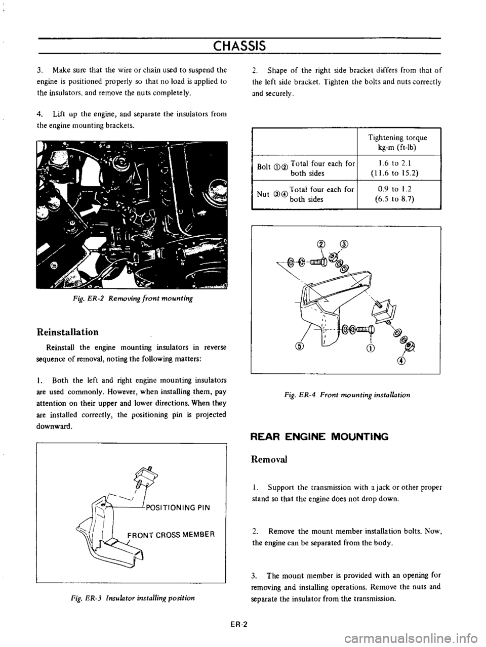DATSUN B110 1973  Service Repair Manual 
CHASSIS

3 
Make 
sure 
that 
the

wire 
or 
chain 
used 
to

suspend 
the

engine 
is

positioned 
properly 
so 
that

no 
load 
is

applied 
to

the

insulators 
and

remove 
the

nuts

completely

