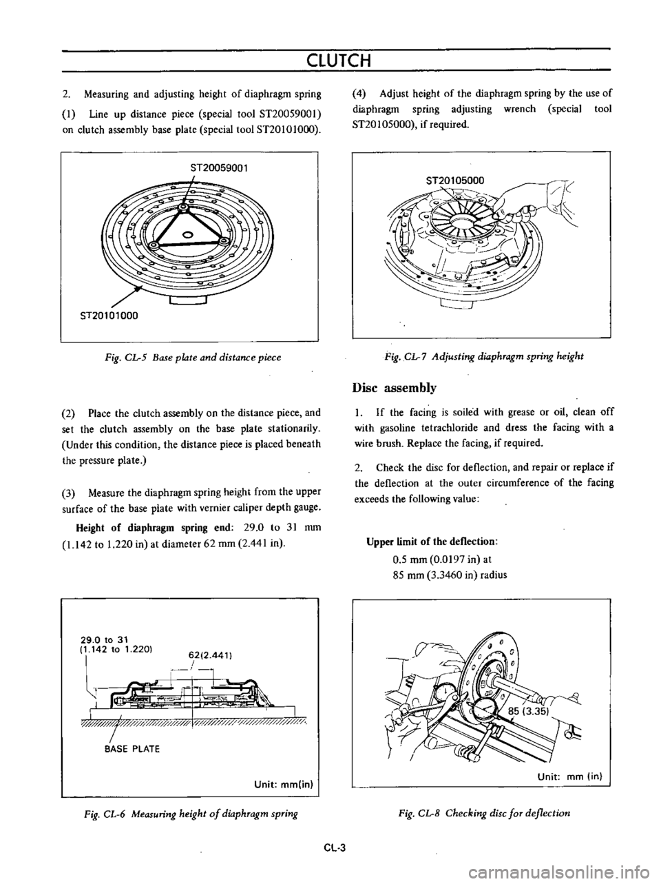 DATSUN B110 1973  Service Service Manual 
CLUTCH

2

Measuring 
and

adjusting 
height 
of

diaphragm 
spring

I 
Line

up 
distance

piece 
special 
tool

ST20059001

on

clutch

assembly 
base

plate 
special 
tool 
ST20101O
0

ST20059001
