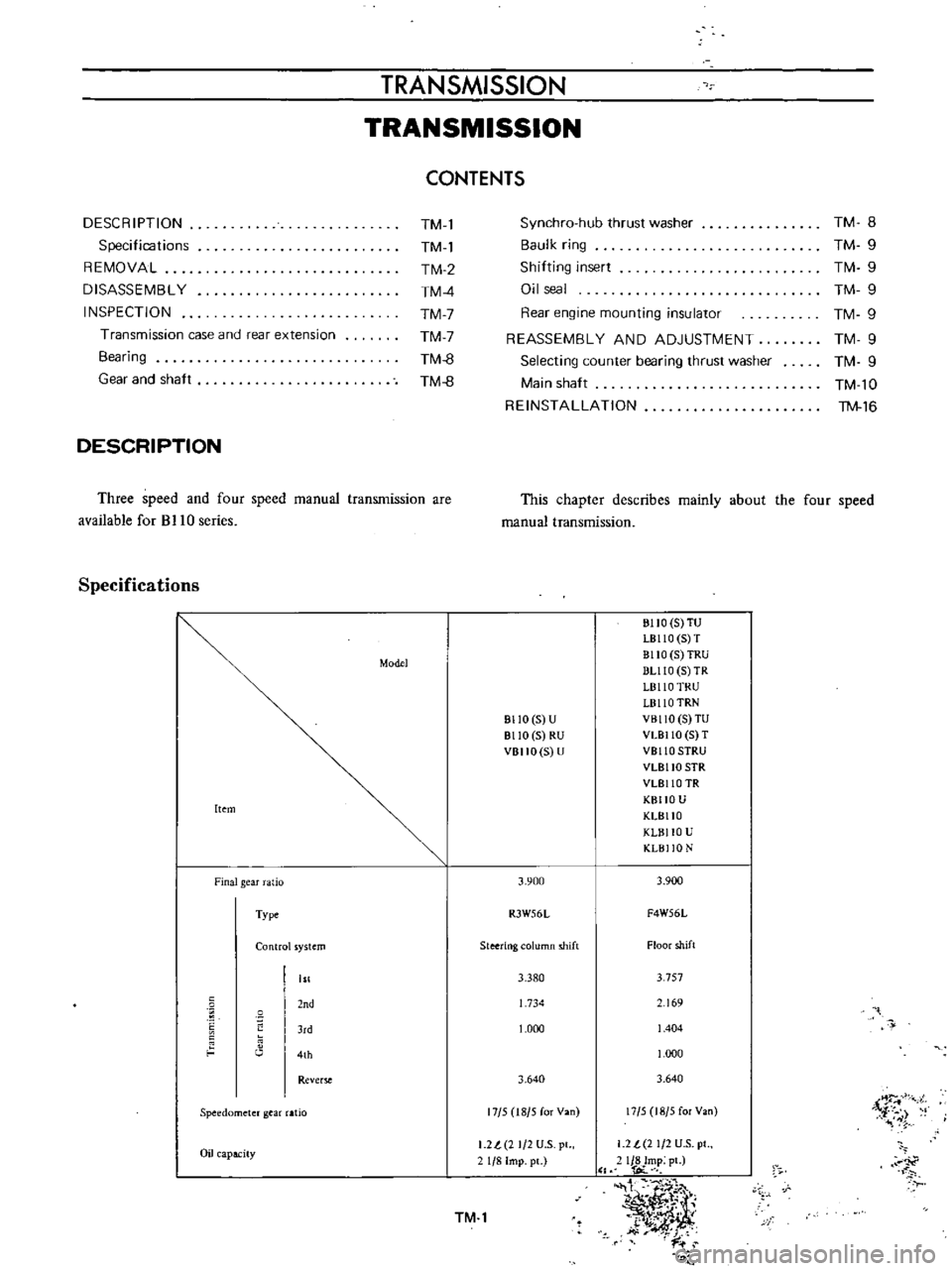DATSUN B110 1973  Service Repair Manual 
TRANSMISSION

TRANSMISSION

CONTENTS

DESCRIPTION

Specifications

REMOVAL

DISASSEMBLY

INSPECTION

Transmission 
case

and 
rear

extension

Bearing

Gear 
and 
shaft 
TM 
l

TM 
l

TM 
2

TM
4

TM
