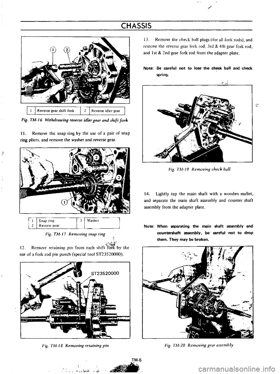 DATSUN B110 1973  Service Manual PDF 
CHASSIS

I 
1

I 
ReV 
erse

gear 
shift 
fork 
2

I 
Reverse 
idler

gear

Fig 
TM 
16

Withdrawing 
reverse 
idler

gear 
and

shift 
fork

II 
Remove 
the

snap 
ring 
by 
the 
use 
of 
a

pair 
o