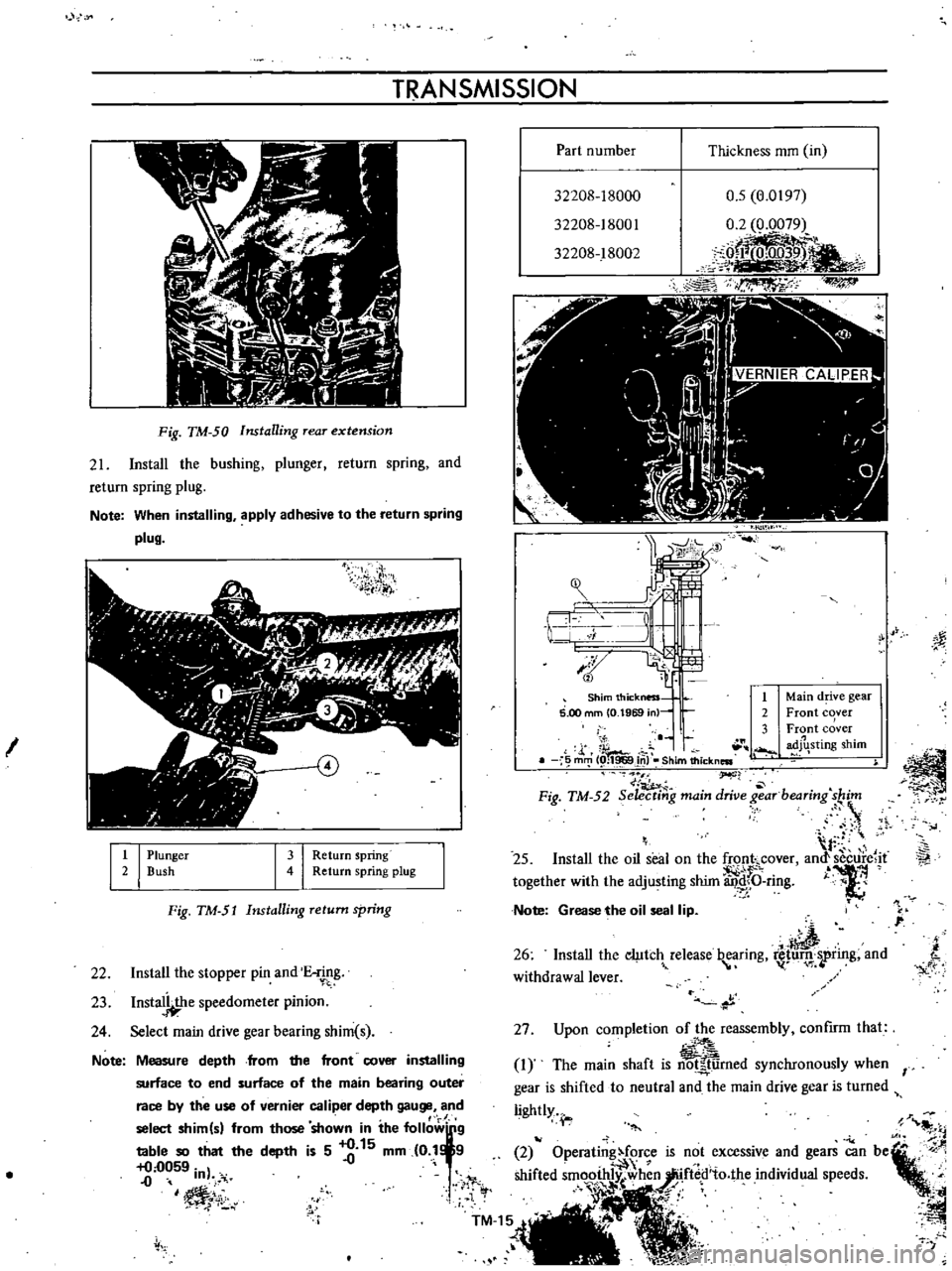 DATSUN B110 1973  Service Manual PDF 
YO

TRANSMISSION

27

Upon 
completion 
of 
the

reassembly 
confIrm 
that

Measure

depth 
from

the 
front

cover 
installing

I 
The 
main

shaft 
is

notJ
tiirned 
synchronously 
when

I

surface