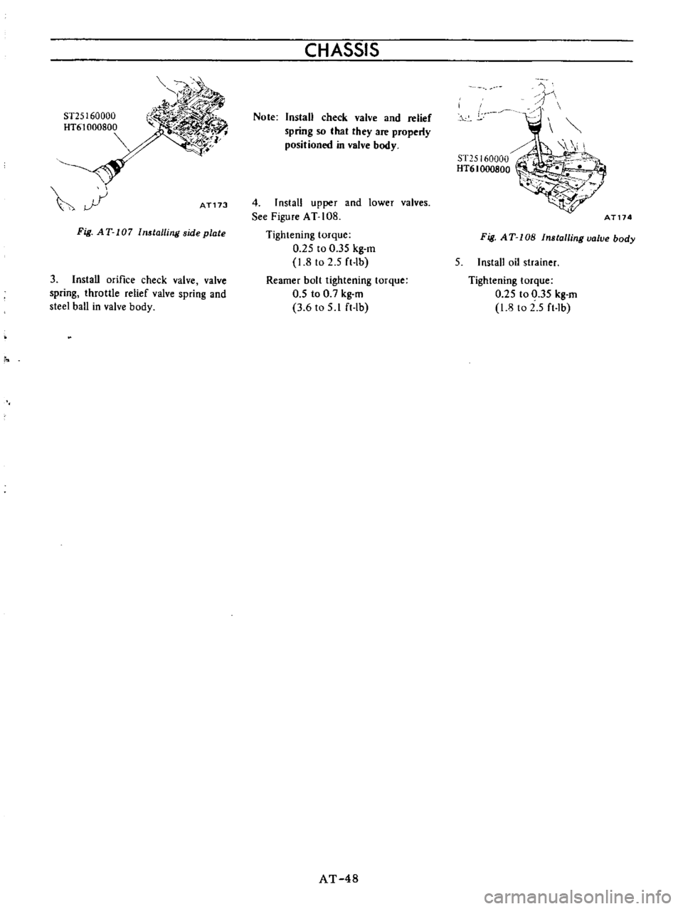 DATSUN B110 1973  Service Workshop Manual 
ST25 
1

60000

HT6 
1

000800

r

if 
AT173

Fig 
AT 
107

Installing 
side

plate

3

Install 
orifice 
check 
valve

valve

spring 
throttle 
relief

valve

spring 
and

steel 
ball 
in 
valve

bo