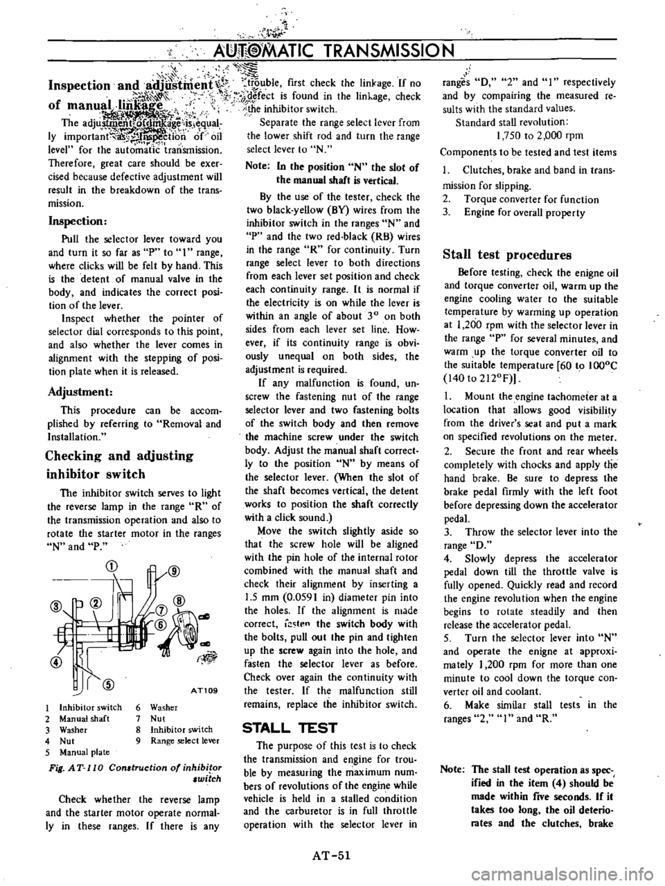 DATSUN B110 1973  Service Repair Manual 
c

Inspection 
and

adJu
Stmenf 
trouble 
first 
check

the

linhge 
f 
no

1 
i

jI 
fect

is 
found 
in 
the 
lin1

age 
check

of

manu 
a 
l

liiiJ 
i

the 
inhibitor 
switch

Th

d 
1F

aI 
S 
t