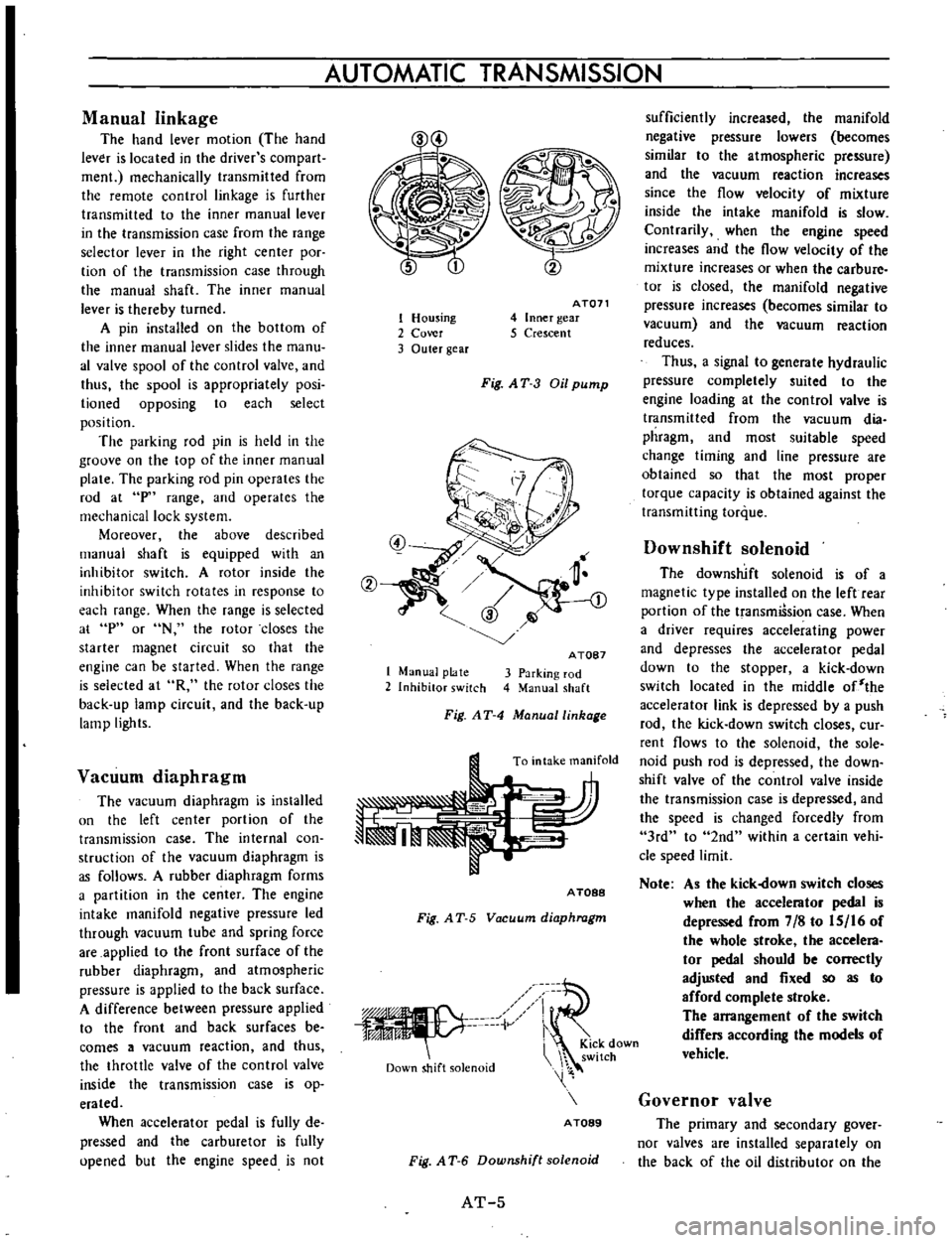 DATSUN B110 1973 Service Repair Manual
AUTOMATIC
TRANSMISSION
Manual
linkage
The
hand
lever
motion
The
hand
lever
is
located
in
the
driver
s
com
part
men
mechanically
transmitted
from
the
remote
control
linkage
DATSUN B110 1973 Service Repair Manual
AUTOMATIC
TRANSMISSION
Manual
linkage
The
hand
lever
motion
The
hand
lever
is
located
in
the
driver
s
com
part
men
mechanically
transmitted
from
the
remote
control
linkage