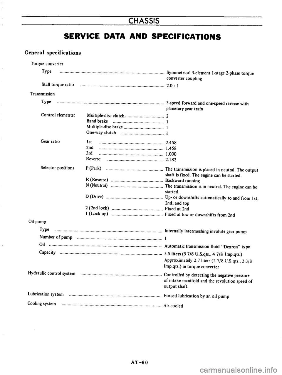 DATSUN B110 1973  Service Repair Manual 
CHASSIS

SERVICE 
DATA 
AND 
SPECIFICATIONS

General

specifications

Torque 
converter

Type

Stall

torque 
ratio

Transmission

Type

Control 
elements

Gear 
ratio

Selector

positions

Oil

pump