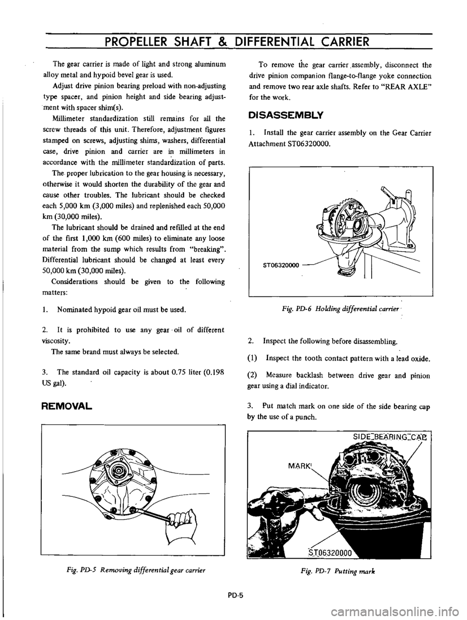 DATSUN B110 1973  Service Repair Manual 
PROPELLER 
SHAFT 
DIFFERENTIAL 
CARRIER

The

gear 
carrier 
is 
made 
of

light 
and

strong 
aluminum

alloy 
metal 
and

hypoid 
bevel

gear 
is 
used

Adjust 
drive

pinion 
bearing 
preload 
wit