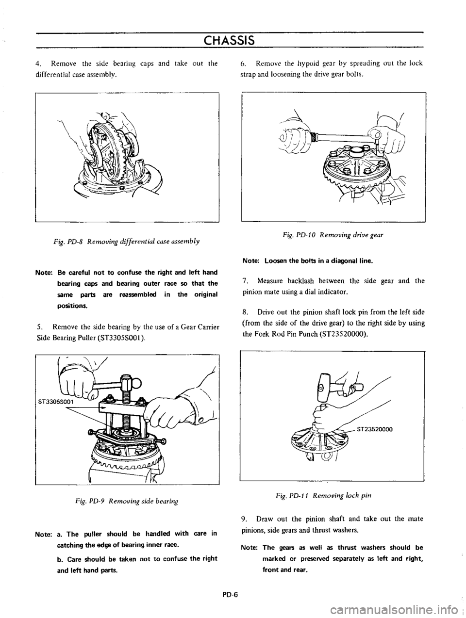 DATSUN B110 1973  Service Manual PDF 
CHASSIS

4 
Remove 
the

side

bearing 
caps 
and 
take 
out 
the

differential 
case

assembly

Fig 
PD 
8

Removing 
differential 
case

assembly

Note 
Be 
careful 
not 
to 
confuse 
the

right 
a
