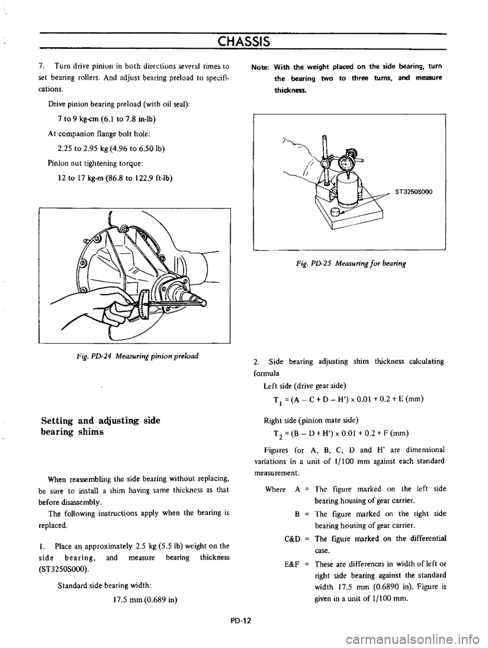 DATSUN B110 1973  Service Manual PDF 
CHASSIS

7 
Turn 
drive

pinion 
in 
both 
directions 
several 
times 
to

set

bearing 
rollers 
And

adjust 
bearing 
preload 
to

specifi

cations

Drive

pinion 
bearing 
preload 
with

oil 
seal