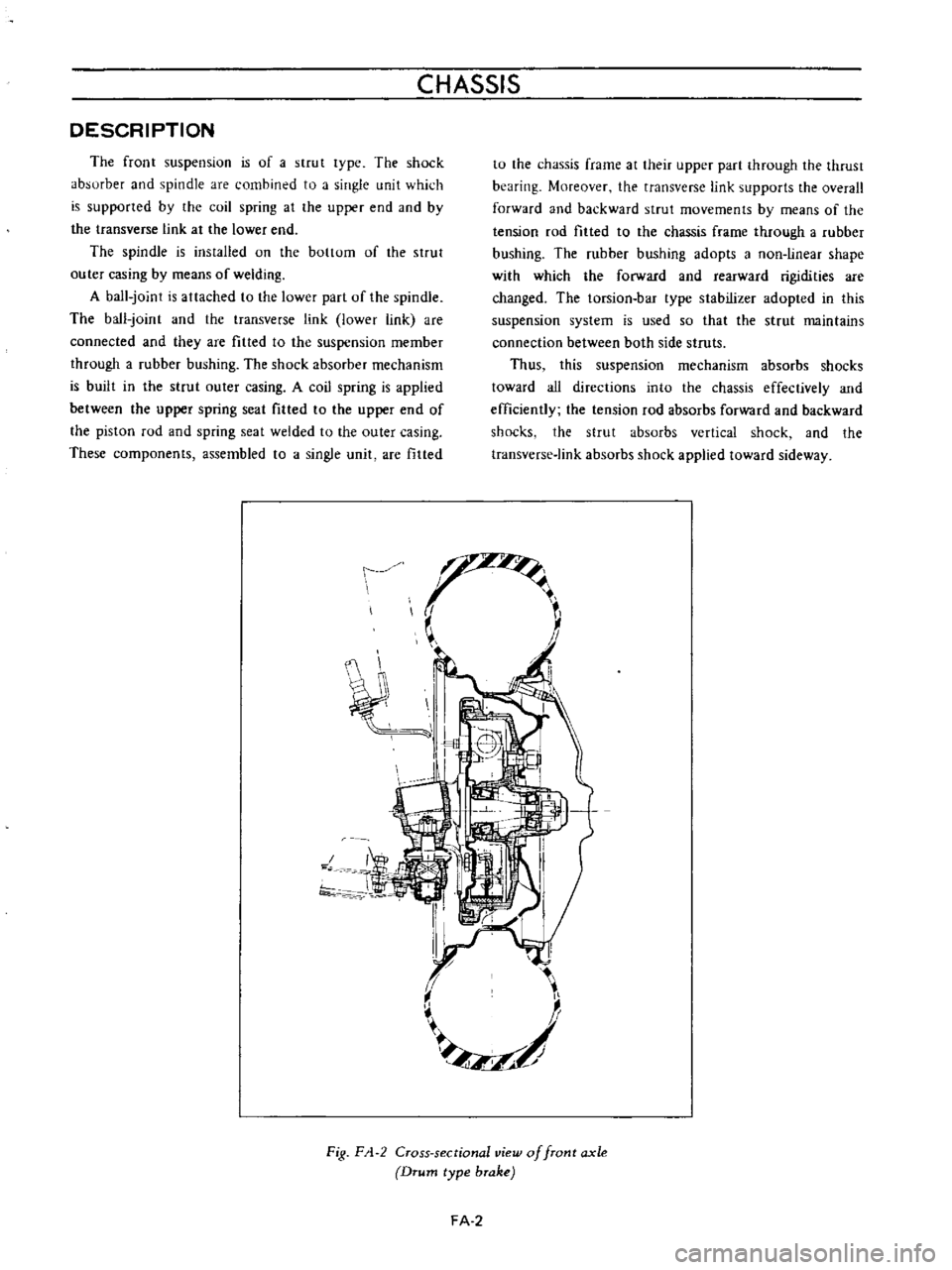 DATSUN B110 1973  Service Repair Manual 
CHASSIS

DESCRIPTION

The

front

suspension 
is 
of 
a 
strut

lype 
The 
shock

absurber

and

spindle 
are 
combined 
to 
a

single 
unit 
which

is

supported 
by 
the 
coil

spring 
at 
the

upp