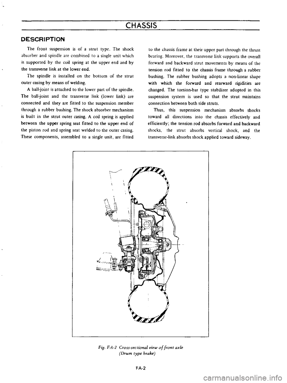 DATSUN B110 1973  Service Manual Online 
CHASSIS

DESCRIPTION

The

front

suspension 
is 
of 
a 
strut

lype 
The 
shock

absurber

and

spindle 
are 
combined 
to 
a

single 
unit 
which

is

supported 
by 
the 
coil

spring 
at 
the

upp