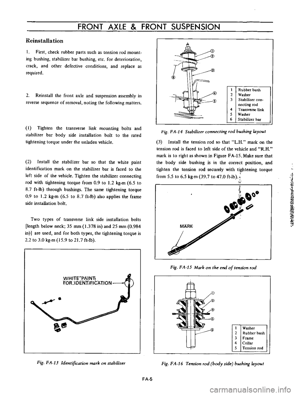 DATSUN B110 1973  Service Owners Manual 
FRONT 
AXLE

FRONT 
SUSPENSION

Reinstalla

tion

First 
check

rubber

parts 
such 
as 
tension

rod 
mount

ing 
bushing 
stabilizer 
bar

bushing 
etc

for 
deterioration

crack 
and 
other

defec