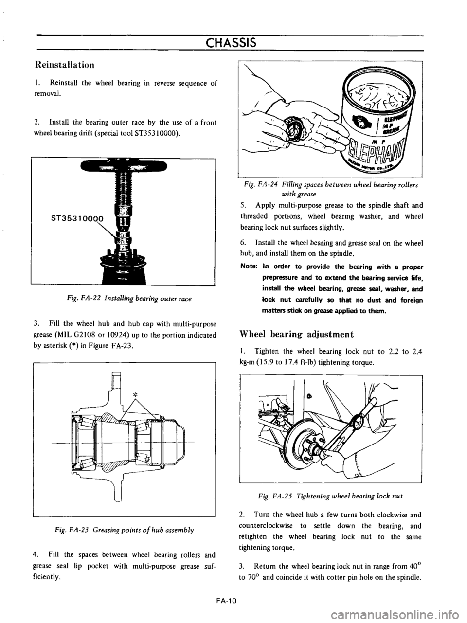 DATSUN B110 1973  Service Owners Manual 
CHASSIS

Reinstallation

Reinstall 
the

wheel

bearing 
in

reverse

sequence 
of

removal

2

Install 
the

bearing 
outer 
race

by 
the

use 
of

a 
froot

wheel

bearing 
drift

special 
tool

S