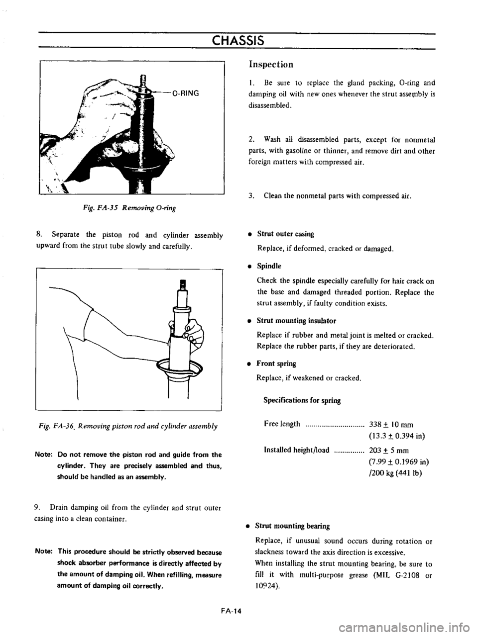 DATSUN B110 1973  Service Repair Manual 
CHASSIS

Fig 
FA 
35

Removing 
O

ring

8

Separate 
the

piston 
rod

and

cyiinder

assembly

upward 
from 
the

strut 
tube

slowly 
and

carefully

M

Fig 
FA 
36

Removing 
piston 
rod 
and

cy