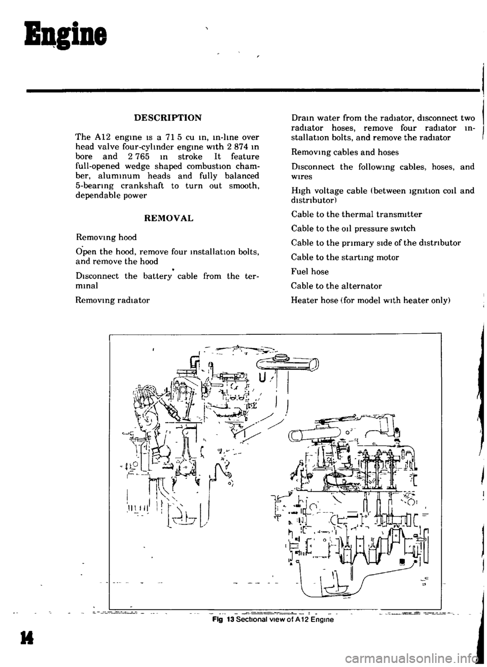 DATSUN B110 1969  Service Repair Manual 
IQgiDe

DESCRIPTION

The 
A12

engme 
IS 
a 
715

cu 
m 
In 
I

me 
over

head 
valve 
four

cyltnder 
engine 
with

2874 
m

bore

and 
2 
765 
m 
stroke 
It 
feature

full

opened 
wedge 
shaped 
c