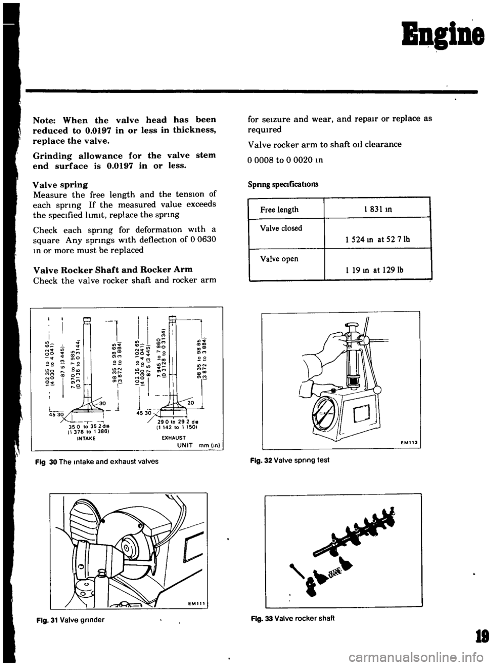 DATSUN B110 1969 Service User Guide
IBglne
Note
When
the
valve
head
has
been
reduced
to
0
0197
in
or
less
in
thickness
replace
the
valve
Grinding
allowance
for
the
valve
stem
end
surface
is
0
0197
in
or DATSUN B110 1969 Service User Guide
IBglne
Note
When
the
valve
head
has
been
reduced
to
0
0197
in
or
less
in
thickness
replace
the
valve
Grinding
allowance
for
the
valve
stem
end
surface
is
0
0197
in
or