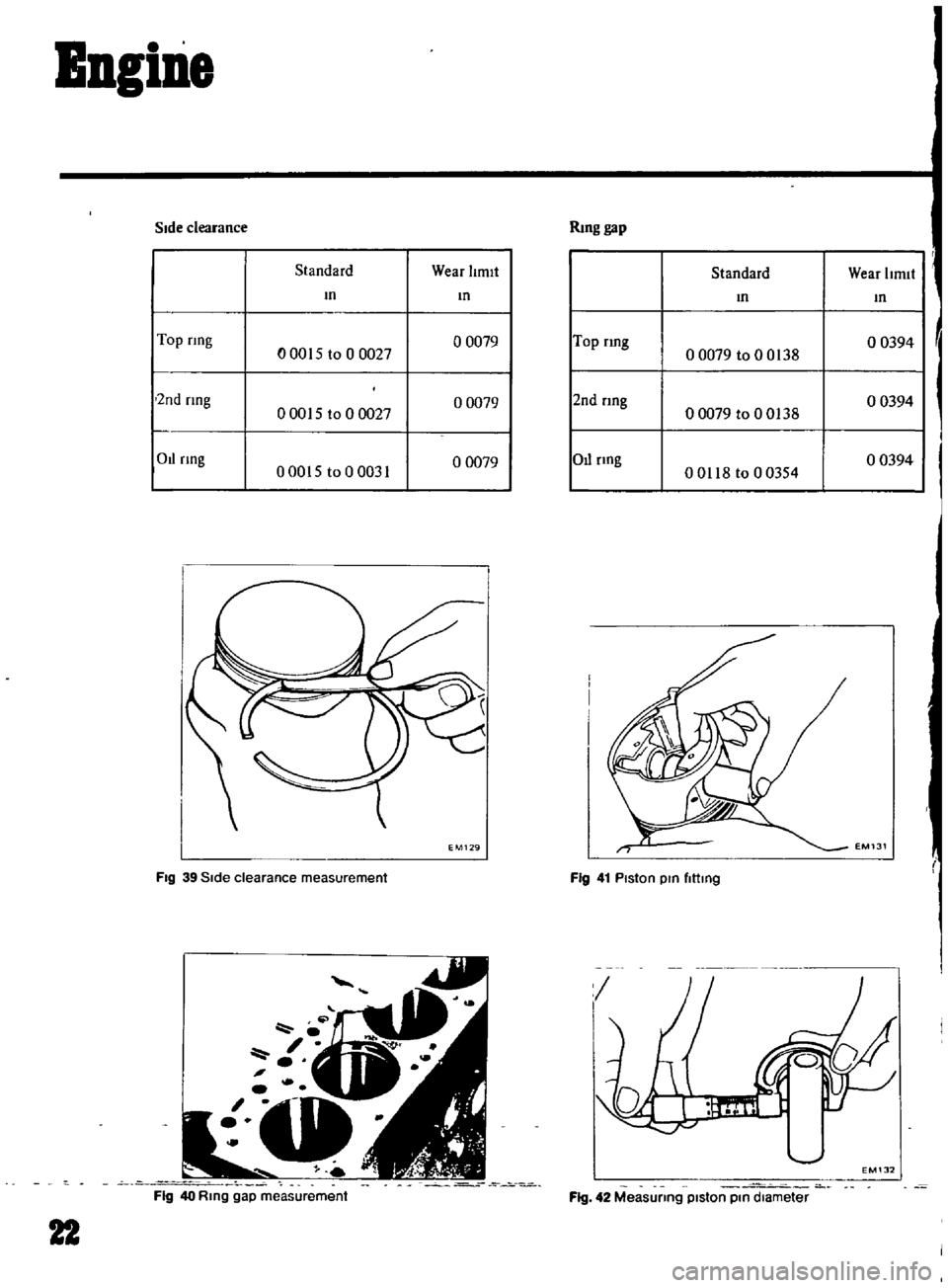 DATSUN B110 1969 Service Owners Manual
BogiDe
SIde
clearance
Standard
Wear
limIt
m
m
Top
rIng
o
0079
0015
to
0
0027
2nd
rIng
00015
to
0
0027
o
0079
Ot
rIng
00015
to
0
0031
o
0079
EM129
Fig
39
Side
clear DATSUN B110 1969 Service Owners Manual
BogiDe
SIde
clearance
Standard
Wear
limIt
m
m
Top
rIng
o
0079
0015
to
0
0027
2nd
rIng
00015
to
0
0027
o
0079
Ot
rIng
00015
to
0
0031
o
0079
EM129
Fig
39
Side
clear