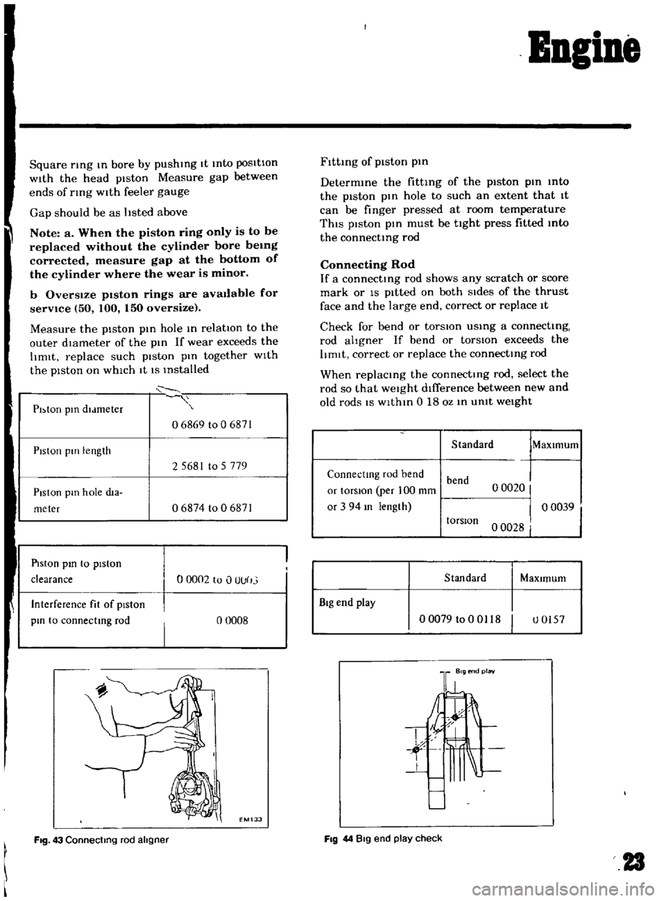 DATSUN B110 1969 Service Owners Manual
Square
rmg
m
bore
by
pushing
It
mto
pos1t1on
wIth
the
head
piston
Measure
gap
between
ends
of
rmg
with
feeler
gauge
Gap
should
be
as
hsted
above
Note
a
When
the
piston DATSUN B110 1969 Service Owners Manual
Square
rmg
m
bore
by
pushing
It
mto
pos1t1on
wIth
the
head
piston
Measure
gap
between
ends
of
rmg
with
feeler
gauge
Gap
should
be
as
hsted
above
Note
a
When
the
piston