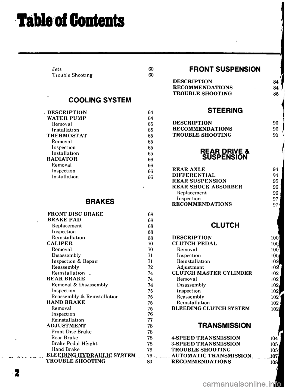 DATSUN B110 1969 Service Repair Manual
labl8
of
Contents
Jets
60
FRONT
SUSPENSION
TlOuble
Shooting
60
f
DESCRIPTION
RECOMMENDATIONS
TROUBLE
SHOOTING
I
85
COOLING
SYSTEM
DESCRIPTION
64
STEERING
WATER
PUMP
64
Hemoval DATSUN B110 1969 Service Repair Manual
labl8
of
Contents
Jets
60
FRONT
SUSPENSION
TlOuble
Shooting
60
f
DESCRIPTION
RECOMMENDATIONS
TROUBLE
SHOOTING
I
85
COOLING
SYSTEM
DESCRIPTION
64
STEERING
WATER
PUMP
64
Hemoval