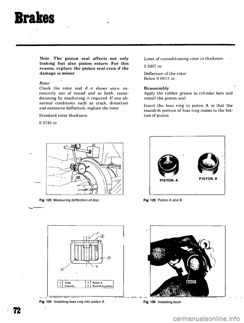 DATSUN B110 1969 Service Manual PDF
Brakes
Note
The
piston
seal
affects
not
only
Ieakmg
but
also
piston
return
For
this
reason
replace
the
piston
seal
even
If
the
damage
IS
minor
Rotor
Check
the
rotor
and DATSUN B110 1969 Service Manual PDF
Brakes
Note
The
piston
seal
affects
not
only
Ieakmg
but
also
piston
return
For
this
reason
replace
the
piston
seal
even
If
the
damage
IS
minor
Rotor
Check
the
rotor
and