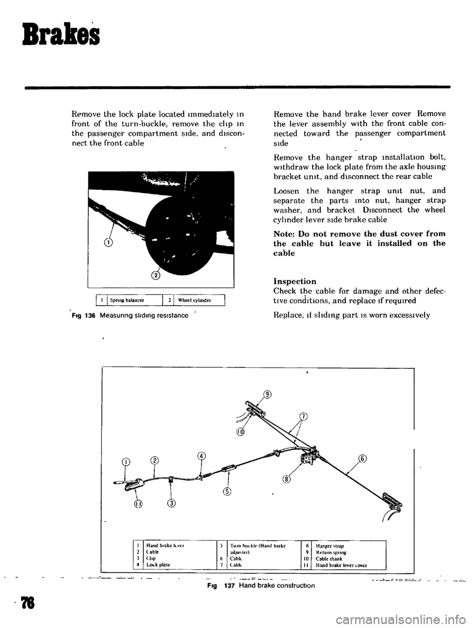 DATSUN B110 1969 Service Manual PDF
Brakes
Remove
the
lock
plate
located
Immediately
III
front
of
the
turn
buckle
remove
the
clip
III
the
passenger
compartment
SIde
and
discon
nect
the
front
cable
I
Spong
b DATSUN B110 1969 Service Manual PDF
Brakes
Remove
the
lock
plate
located
Immediately
III
front
of
the
turn
buckle
remove
the
clip
III
the
passenger
compartment
SIde
and
discon
nect
the
front
cable
I
Spong
b