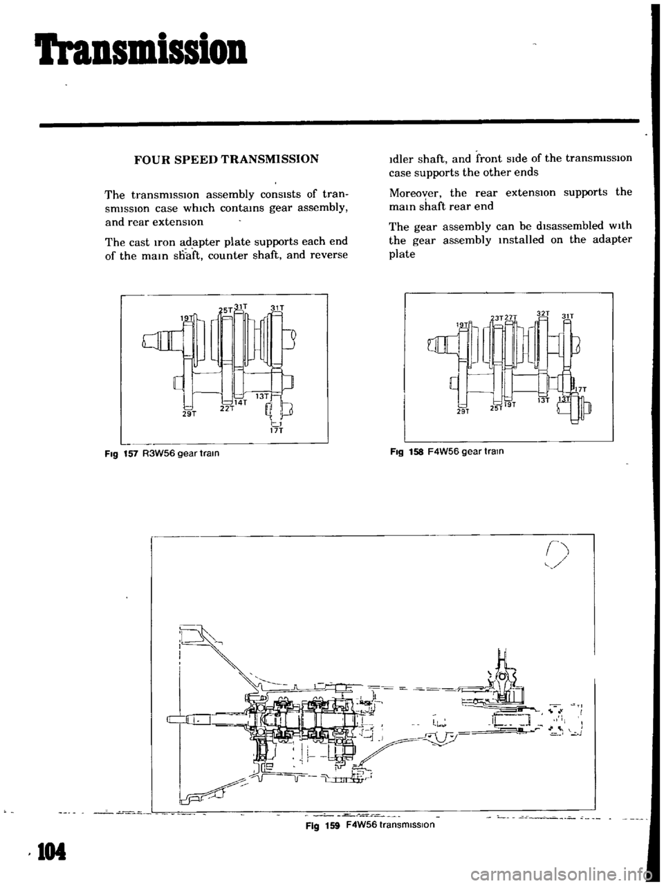 DATSUN B110 1969 Service Owners Manual
lransmission
FOUR
SPEED
TRANSMISSION
Idler
shaft
and
front
sIde
of
the
transmiSSIOn
case
supports
the
other
ends
Moreoyer
the
rear
extensIOn
supports
the
mam
shaft
rear
end
DATSUN B110 1969 Service Owners Manual
lransmission
FOUR
SPEED
TRANSMISSION
Idler
shaft
and
front
sIde
of
the
transmiSSIOn
case
supports
the
other
ends
Moreoyer
the
rear
extensIOn
supports
the
mam
shaft
rear
end
