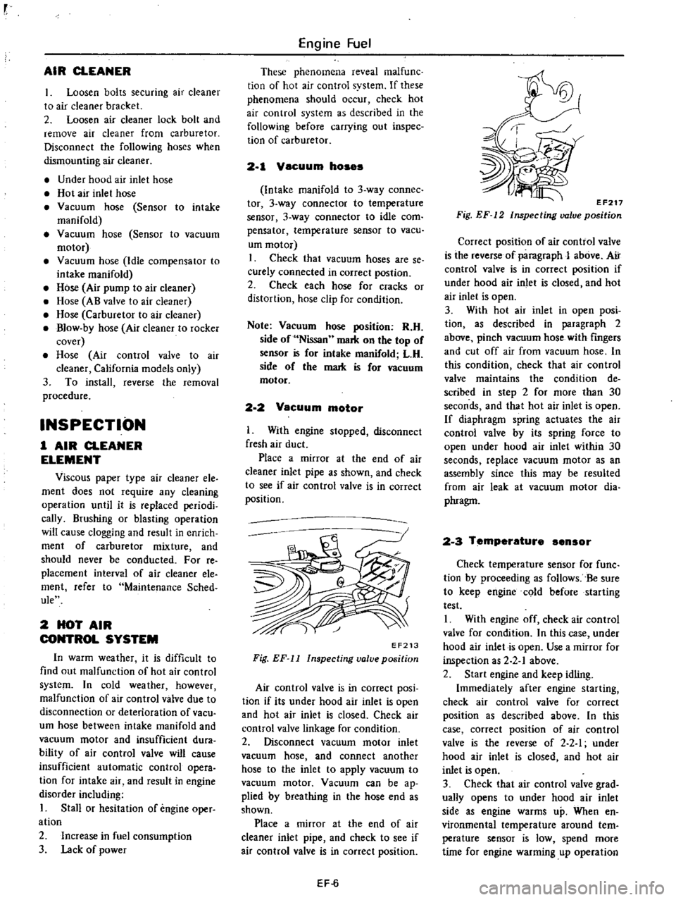 DATSUN PICK-UP 1977 Service Manual
r
AIR
CLEANER
1
Loosen
bolts
securing
air
cleaner
to
air
cleaner
bracket
2
Loosen
air
cleaner
lock
bolt
and
remove
air
cleaner
from
carburetor
Disconnect
the
following
hos DATSUN PICK-UP 1977 Service Manual
r
AIR
CLEANER
1
Loosen
bolts
securing
air
cleaner
to
air
cleaner
bracket
2
Loosen
air
cleaner
lock
bolt
and
remove
air
cleaner
from
carburetor
Disconnect
the
following
hos
