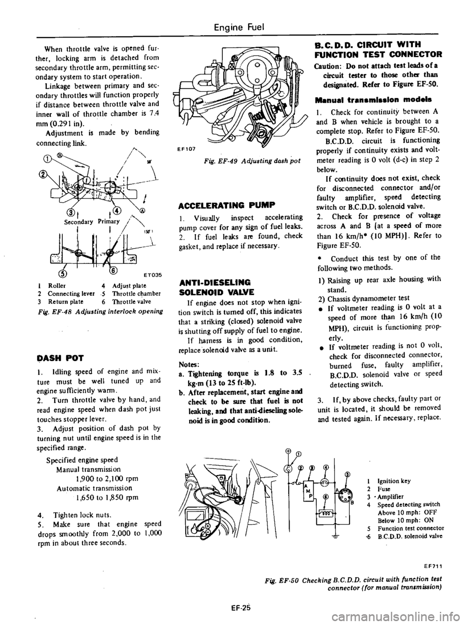 DATSUN PICK-UP 1977 Service Manual
When
throttle
valve
is
opened
fur
ther
locking
arm
is
detached
from
secondary
throttle
arm
permitting
see
ondary
system
to
start
operation
Linkage
between
primary
and
see
o DATSUN PICK-UP 1977 Service Manual
When
throttle
valve
is
opened
fur
ther
locking
arm
is
detached
from
secondary
throttle
arm
permitting
see
ondary
system
to
start
operation
Linkage
between
primary
and
see
o