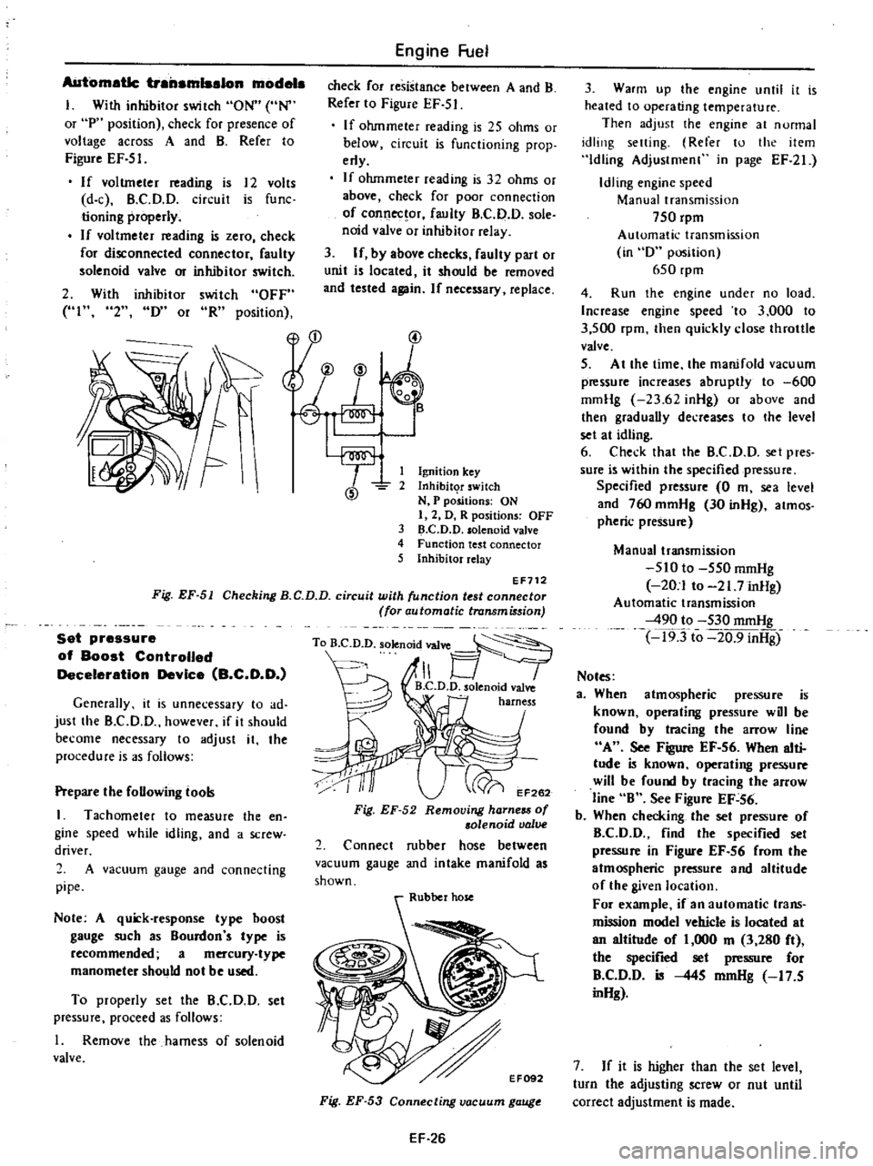 DATSUN PICK-UP 1977 Service Manual
AUtomatic
trailamlsalon
modela
I
With
inhibitor
switch
ON
UN
or
P
position
check
for
presence
of
voltage
across
A
and
B
Refer
to
Figure
EF
51
If
voltmeter
ading
is
12
v DATSUN PICK-UP 1977 Service Manual
AUtomatic
trailamlsalon
modela
I
With
inhibitor
switch
ON
UN
or
P
position
check
for
presence
of
voltage
across
A
and
B
Refer
to
Figure
EF
51
If
voltmeter
ading
is
12
v
