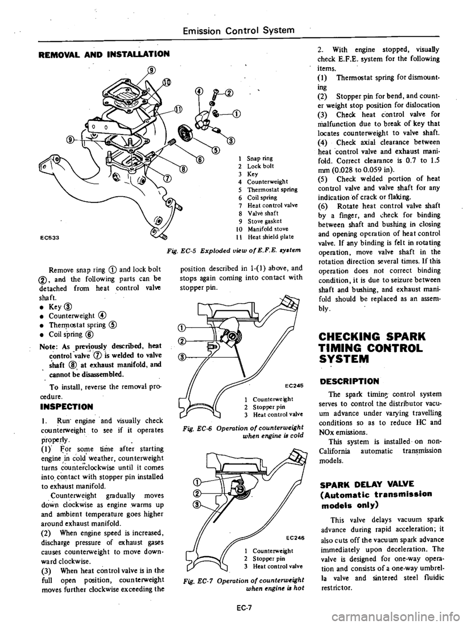 DATSUN PICK-UP 1977 Manual PDF
REMOVAL
AND
INSTAUATION
Emission
Control
System
EC533
Remove
snap
ring
D
and
lock
bolt
@
and
the
following
parts
can
be
detached
from
heat
control
valve
shaft
Key
00
Coun DATSUN PICK-UP 1977 Manual PDF
REMOVAL
AND
INSTAUATION
Emission
Control
System
EC533
Remove
snap
ring
D
and
lock
bolt
@
and
the
following
parts
can
be
detached
from
heat
control
valve
shaft
Key
00
Coun