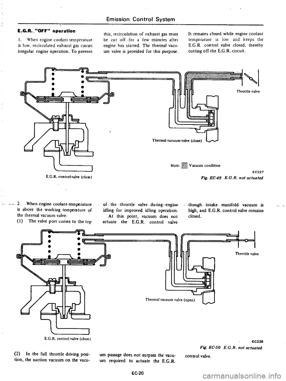 DATSUN PICK-UP 1977 Service Manual
E
G
R
OFF
operation
When
engine
coolant
temperature
is
low
recirculated
exhaust
gas
causes
irregular
engine
operation
To
prevent
Emission
Control
System
this
recirculation
of DATSUN PICK-UP 1977 Service Manual
E
G
R
OFF
operation
When
engine
coolant
temperature
is
low
recirculated
exhaust
gas
causes
irregular
engine
operation
To
prevent
Emission
Control
System
this
recirculation
of