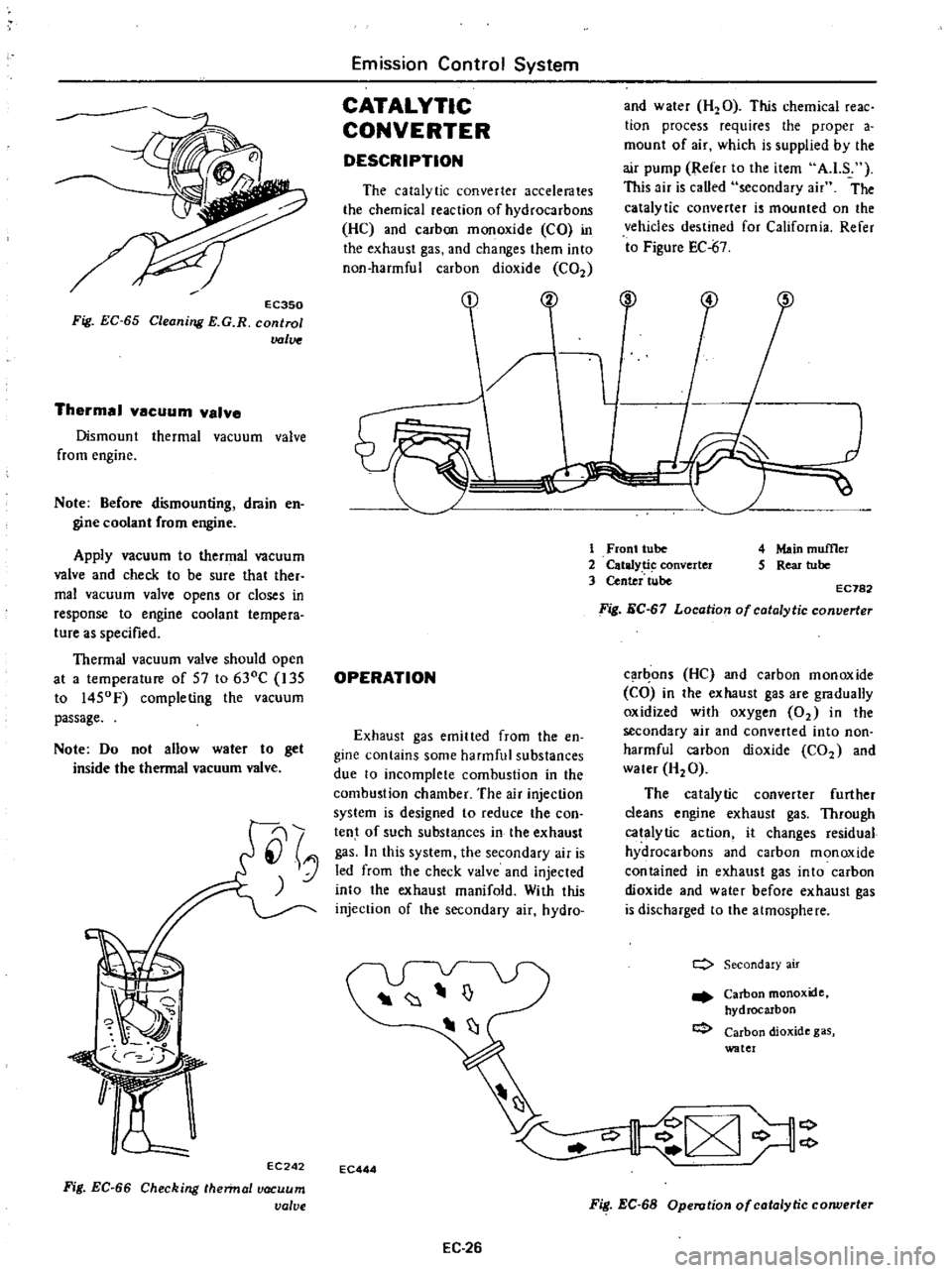 DATSUN PICK-UP 1977 Manual Online
EC350
Fig
EC
65
Cleaning
E
G
R
control
valve
Thermal
vacuum
valve
Dismount
thermal
vacuum
valve
from
engine
Note
Before
dismounting
drain
en
gine
coolant
from
engine
Apply DATSUN PICK-UP 1977 Manual Online
EC350
Fig
EC
65
Cleaning
E
G
R
control
valve
Thermal
vacuum
valve
Dismount
thermal
vacuum
valve
from
engine
Note
Before
dismounting
drain
en
gine
coolant
from
engine
Apply